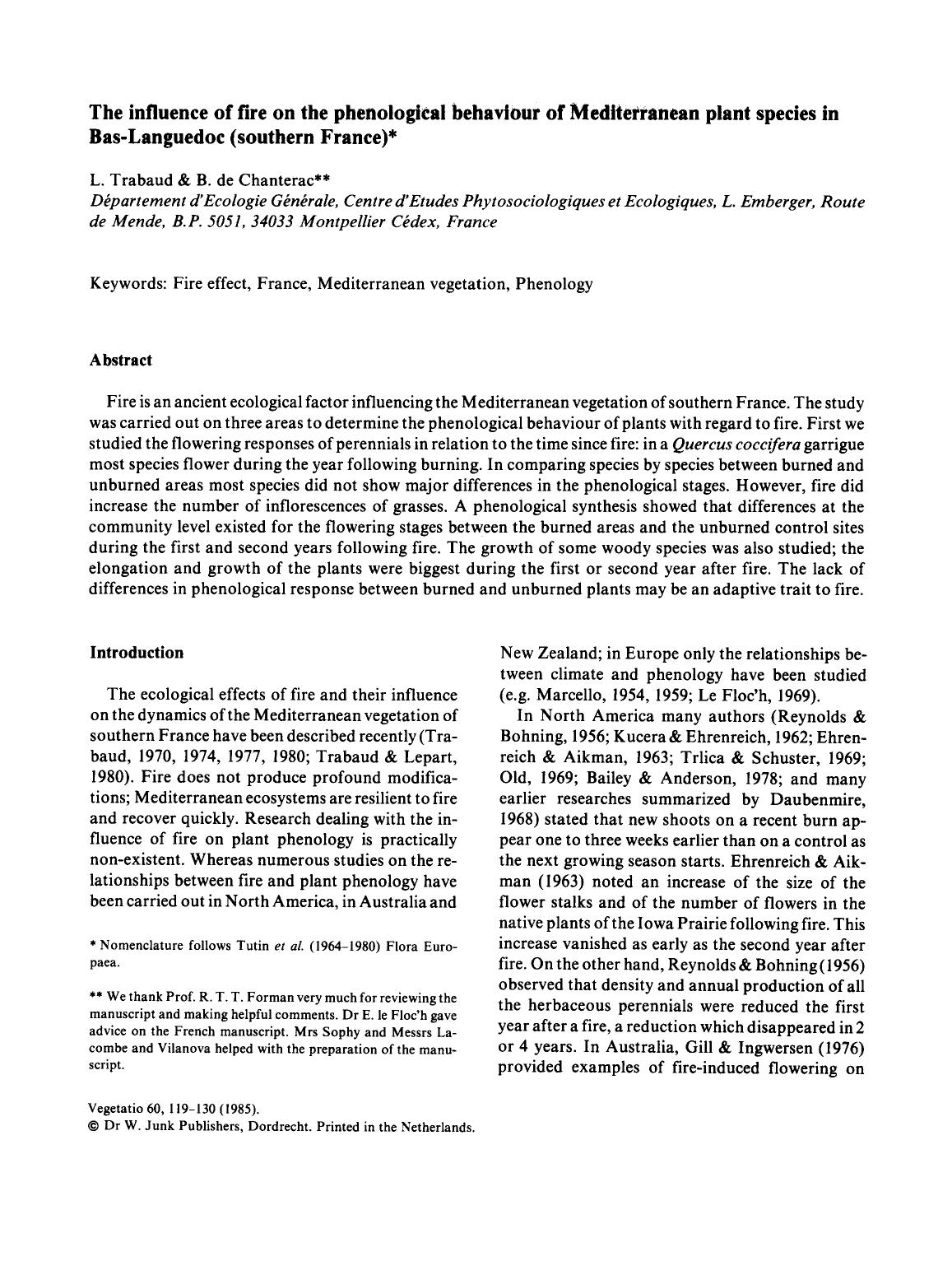 The influence of fire on the phenological behaviour of Mediterranean plant species in Bas-Languedoc (southern France) by Unknown