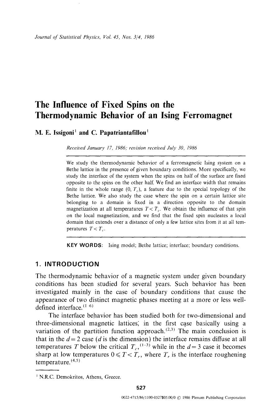 The influence of fixed spins on the thermodynamic behavior of an Ising ferromagnet by Unknown