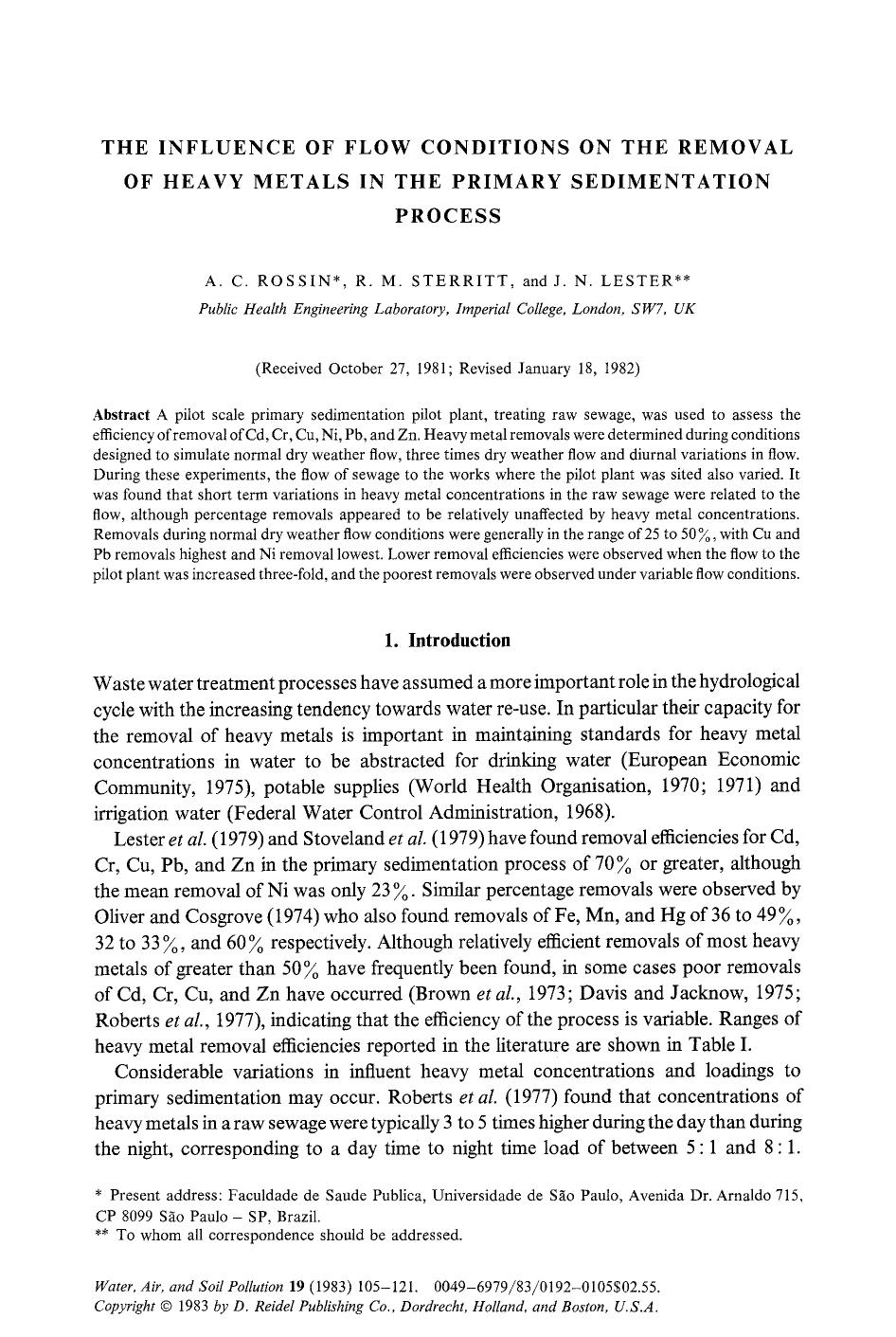 The influence of flow conditions on the removal of heavy metals in the primary sedimentation process by Unknown