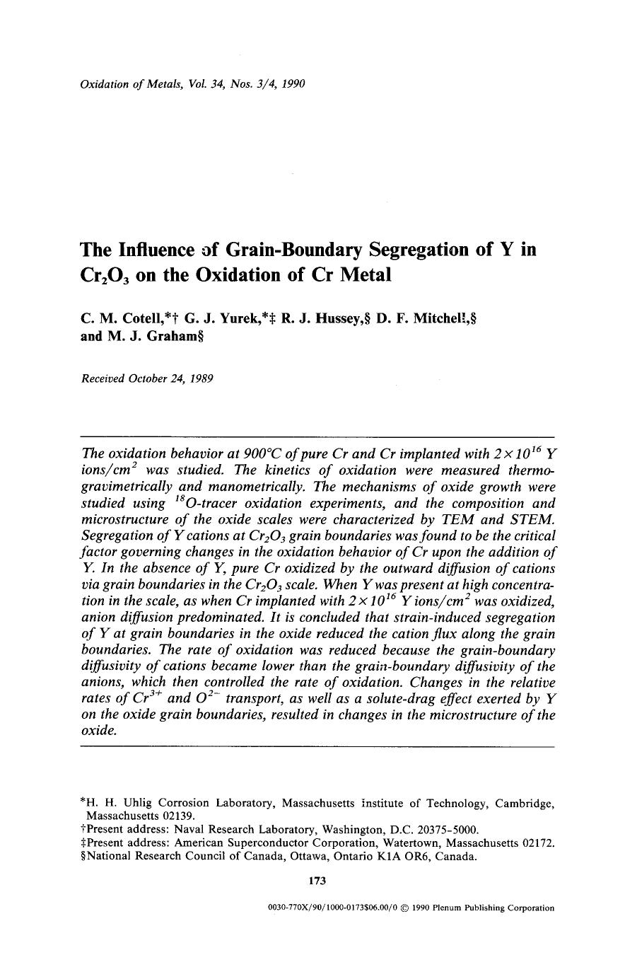 The influence of grain-boundary segregation of Y in Cr <Subscript>2 <Subscript>O <Subscript>3 <Subscript> on the oxidation of Cr metal by Unknown