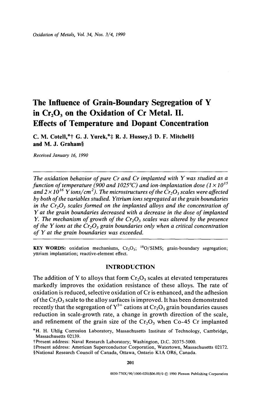 The influence of grain-boundary segregation of Y in Cr <Subscript>2 <Subscript>O <Subscript>3 <Subscript> on the oxidation of Cr metal. II. Effects of temperature and dopant concentration by Unknown