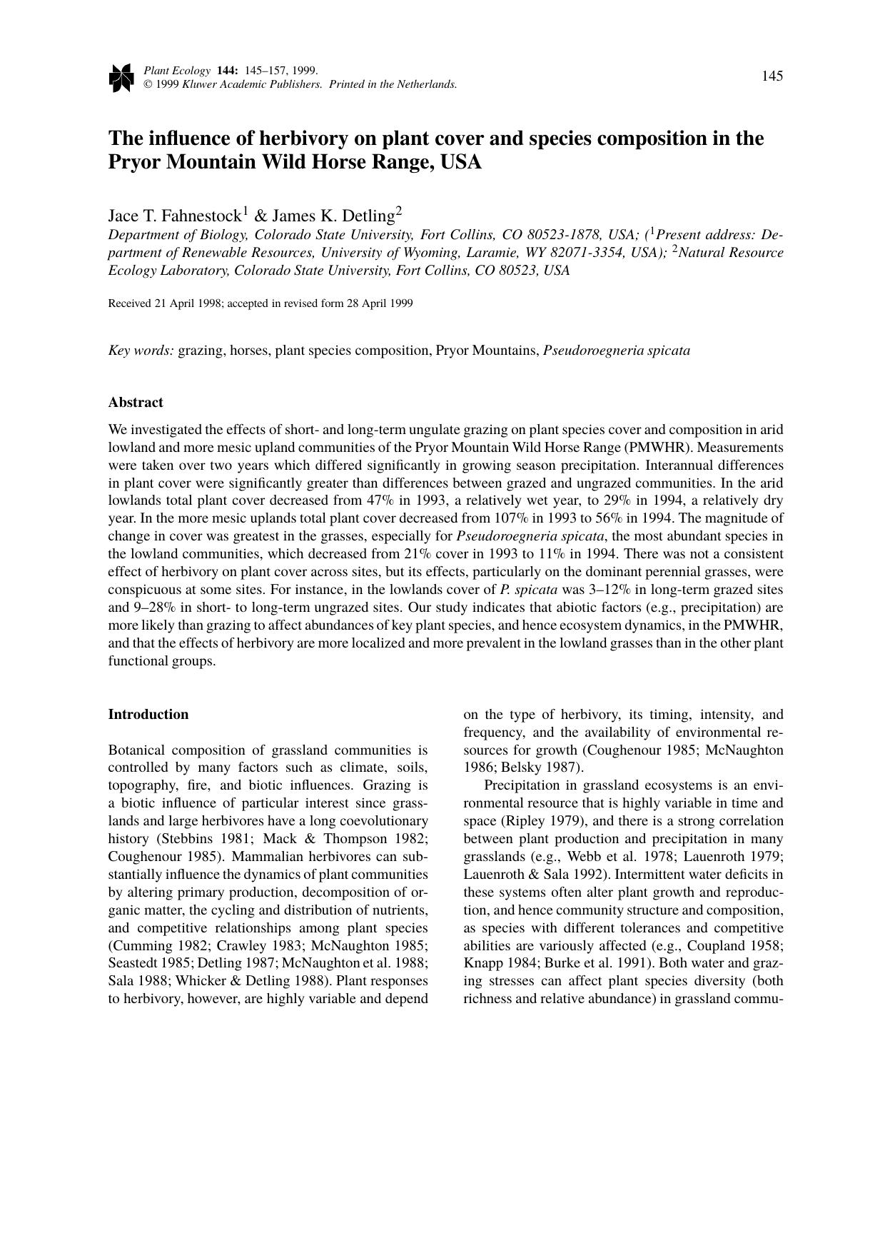 The influence of herbivory on plant cover and species composition in the Pryor Mountain Wild Horse Range, USA by Unknown