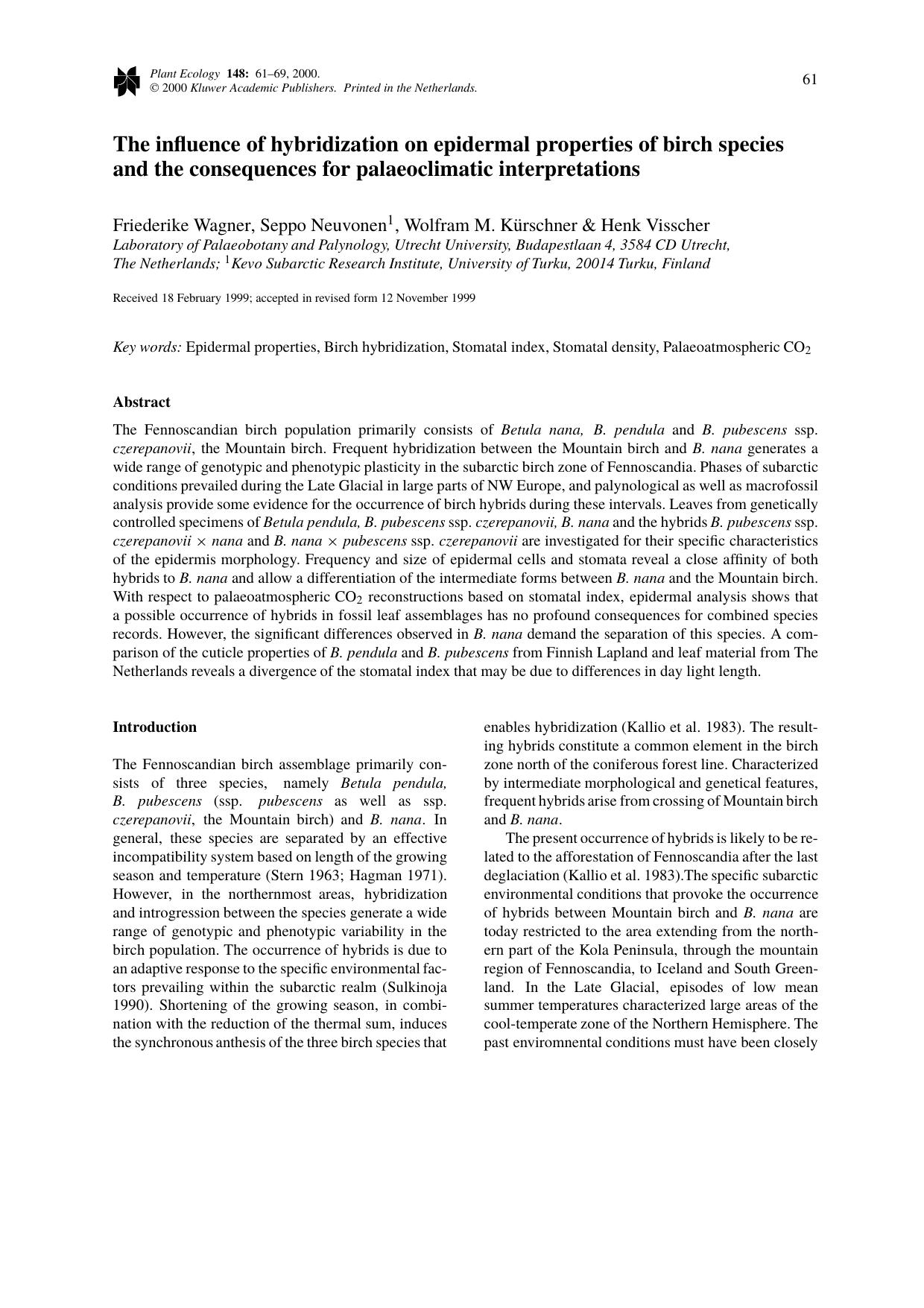 The influence of hybridization on epidermal properties of birch species and the consequences for palaeoclimatic interpretations by Unknown