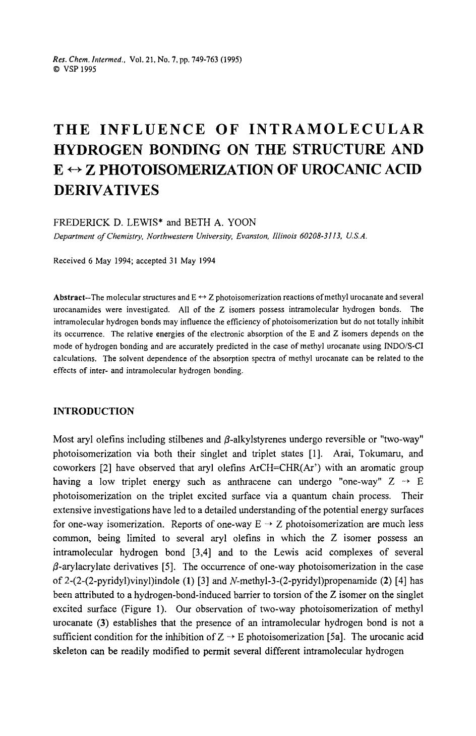 The influence of intramolecular hydrogen bonding on the structure and E ↔ Z photoisomerization of urocanic acid derivatives by Unknown