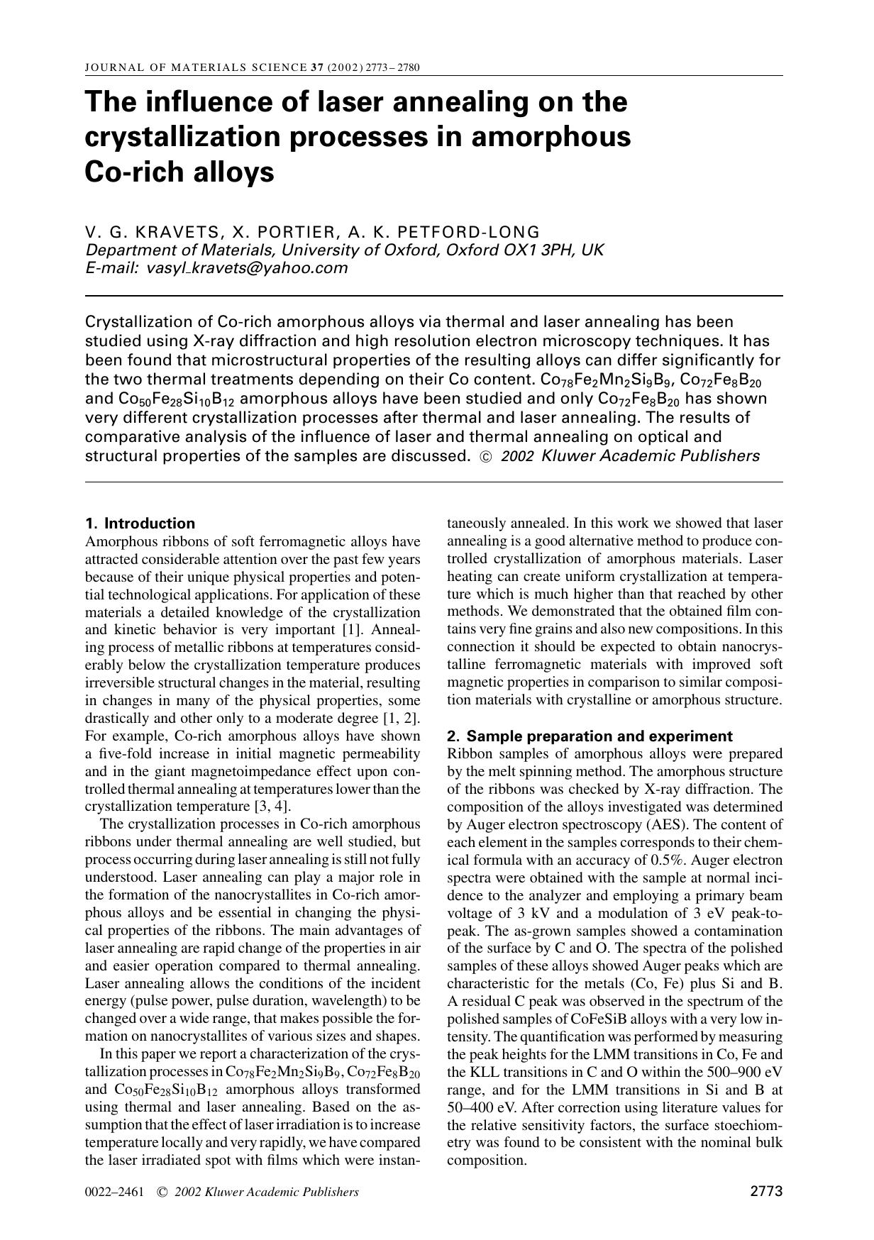 The influence of laser annealing on the crystallization processes in amorphous Co-rich alloys by Unknown