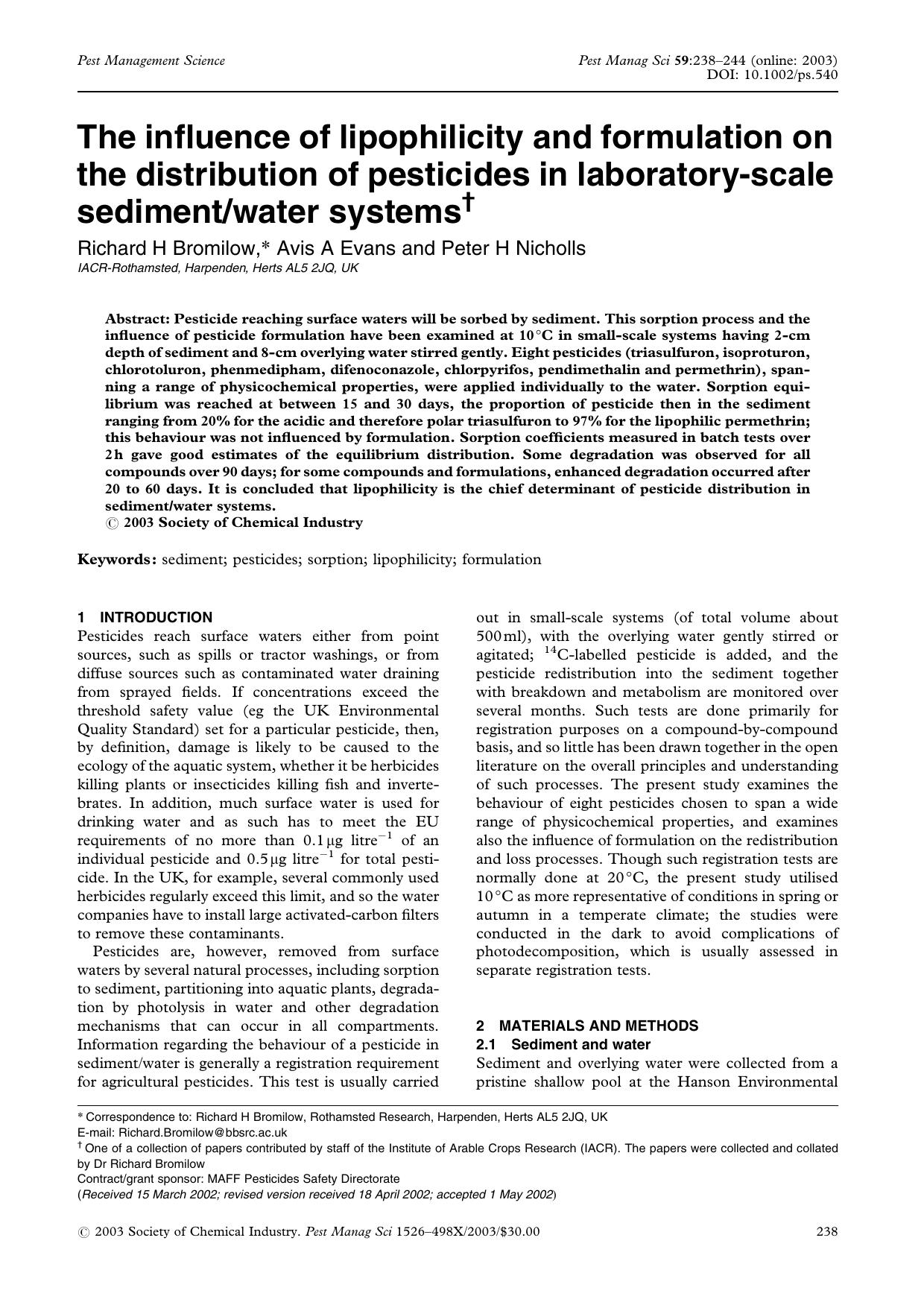 The influence of lipophilicity and formulation on the distribution of pesticides in laboratory-scale sedimentwater systems by Unknown