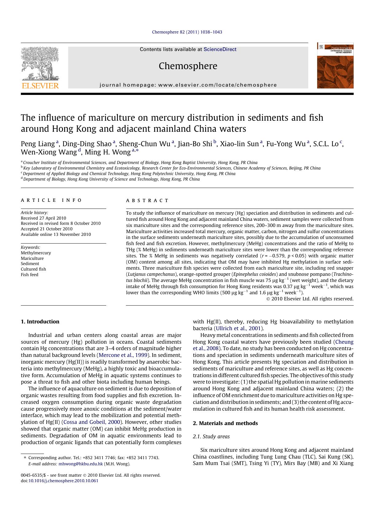The influence of mariculture on mercury distribution in sediments and fish around Hong Kong and adjacent mainland China waters by unknow