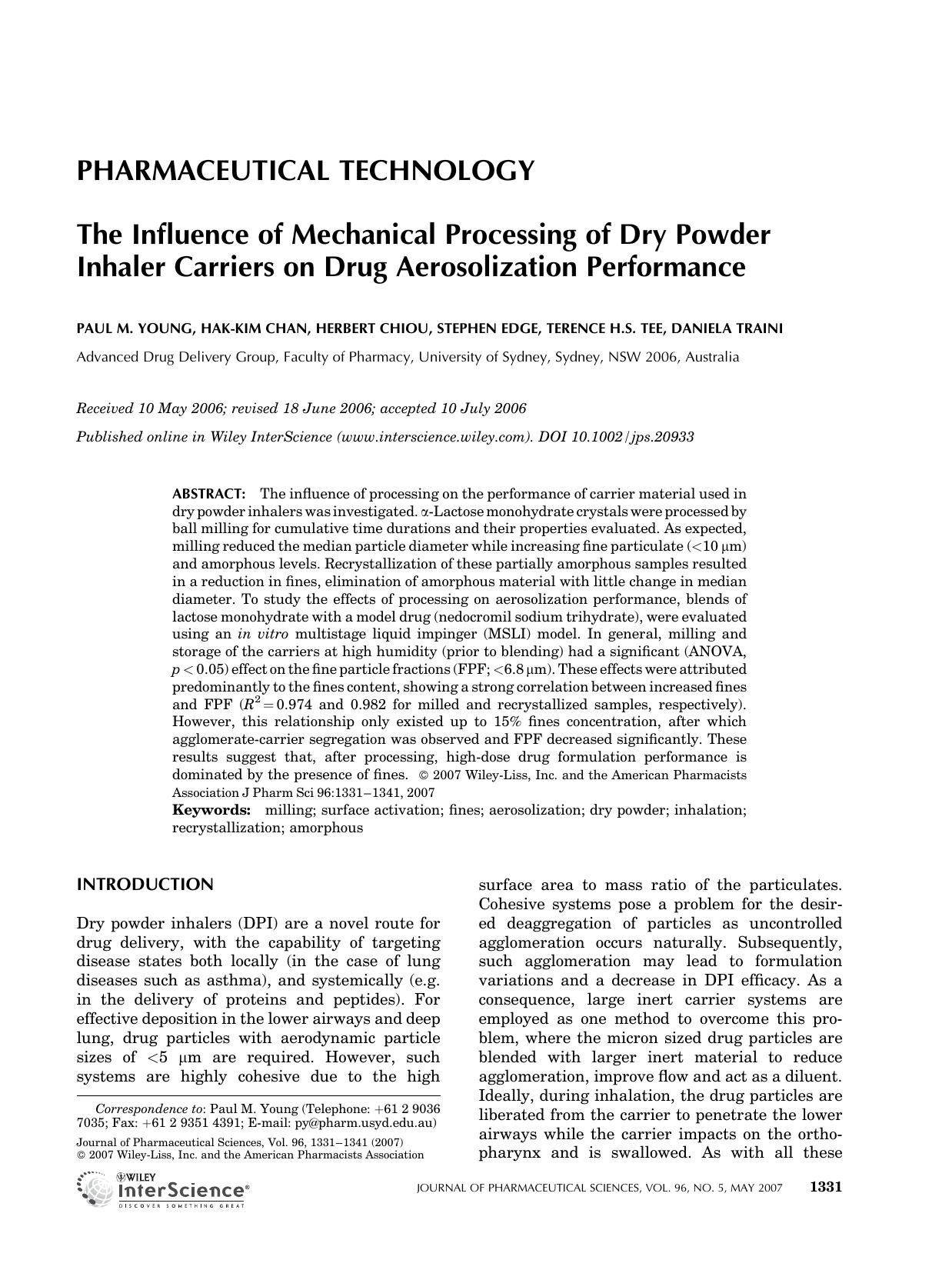 The influence of mechanical processing of dry powder inhaler carriers on drug aerosolization performance by Unknown
