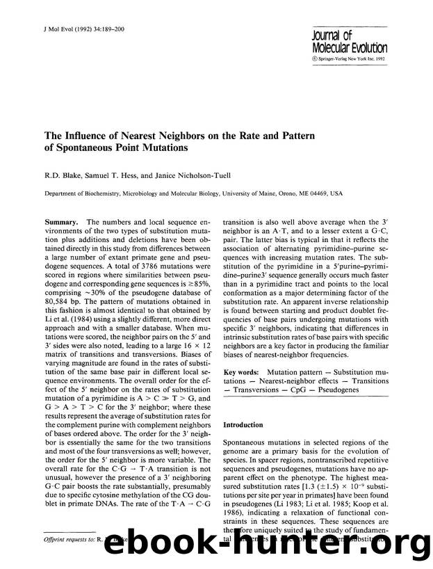 The influence of nearest neighbors on the rate and pattern of spontaneous point mutations by Unknown