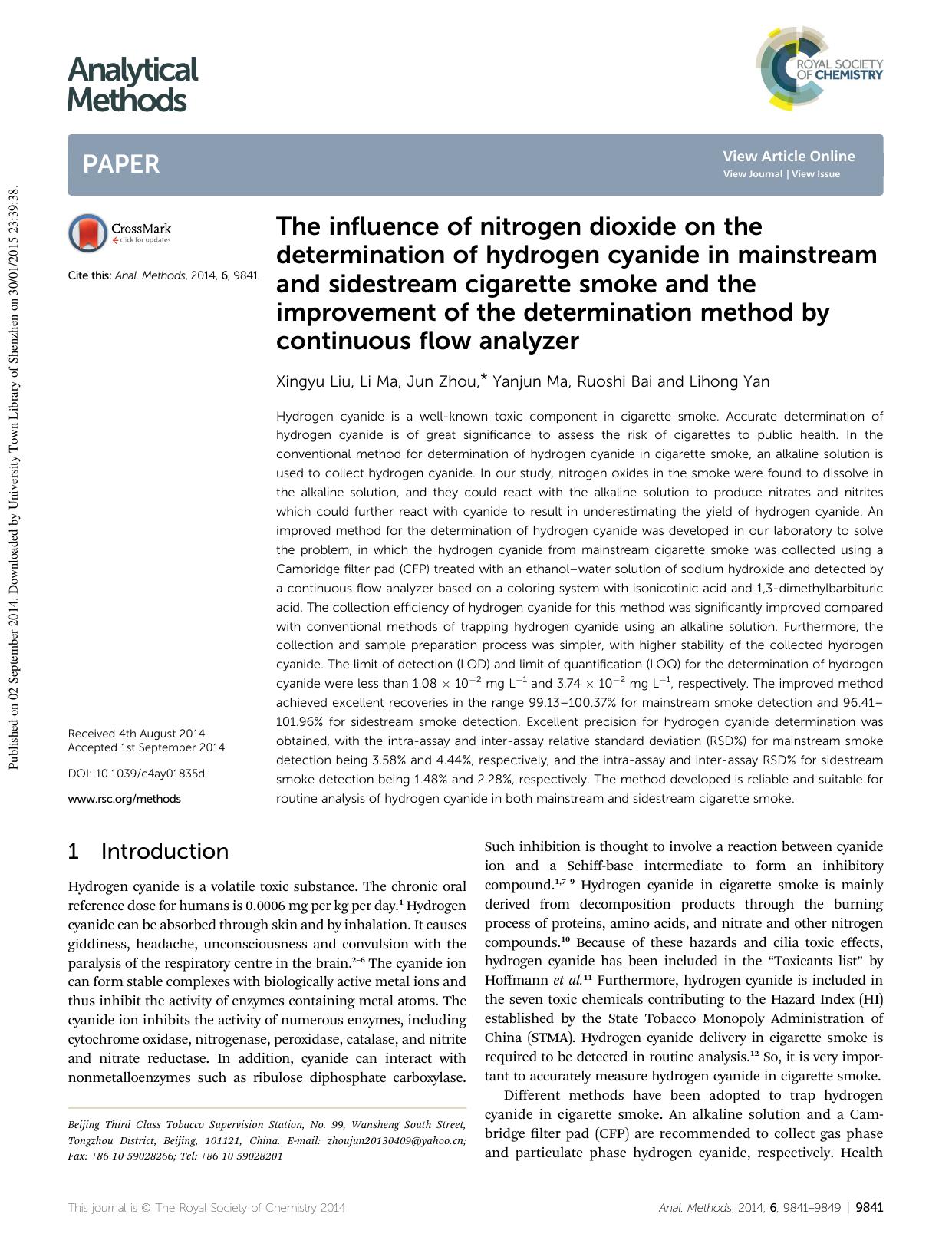 The influence of nitrogen dioxide on the determination of hydrogen cyanide in mainstream and sidestream cigarette smoke and the improvement of the determination method by continuous flow analyzer by Xingyu Liu & Li Ma & Jun Zhou & Yanjun Ma & Ruoshi Bai & Lihong Yan