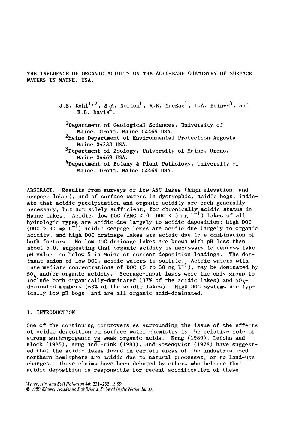 The influence of organic acidity on the acid-base chemistry of surface waters in Maine, USA by Unknown