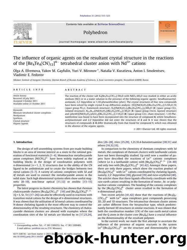 The influence of organic agents on the resultant crystal structure in the reactions of the [Re4Te4(CN)12]4Ã¢Ëâ tetrahedral cluster anion with Nd3+ cations by unknow