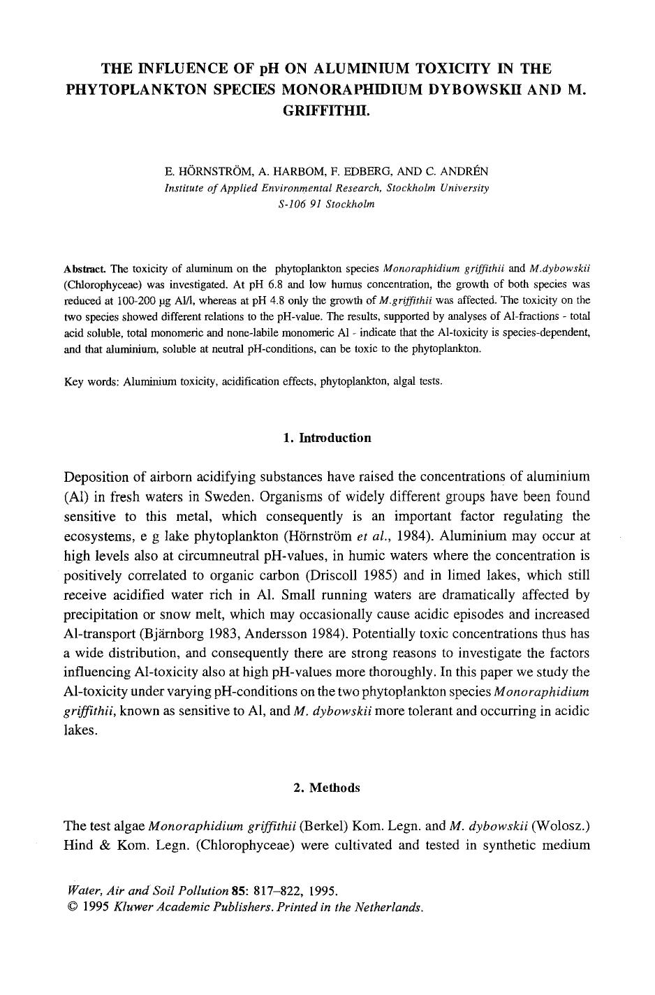 The influence of ph on aluminium toxicity in the phytoplankton species Monoraphidium dybowskii and M. griffithii by Unknown