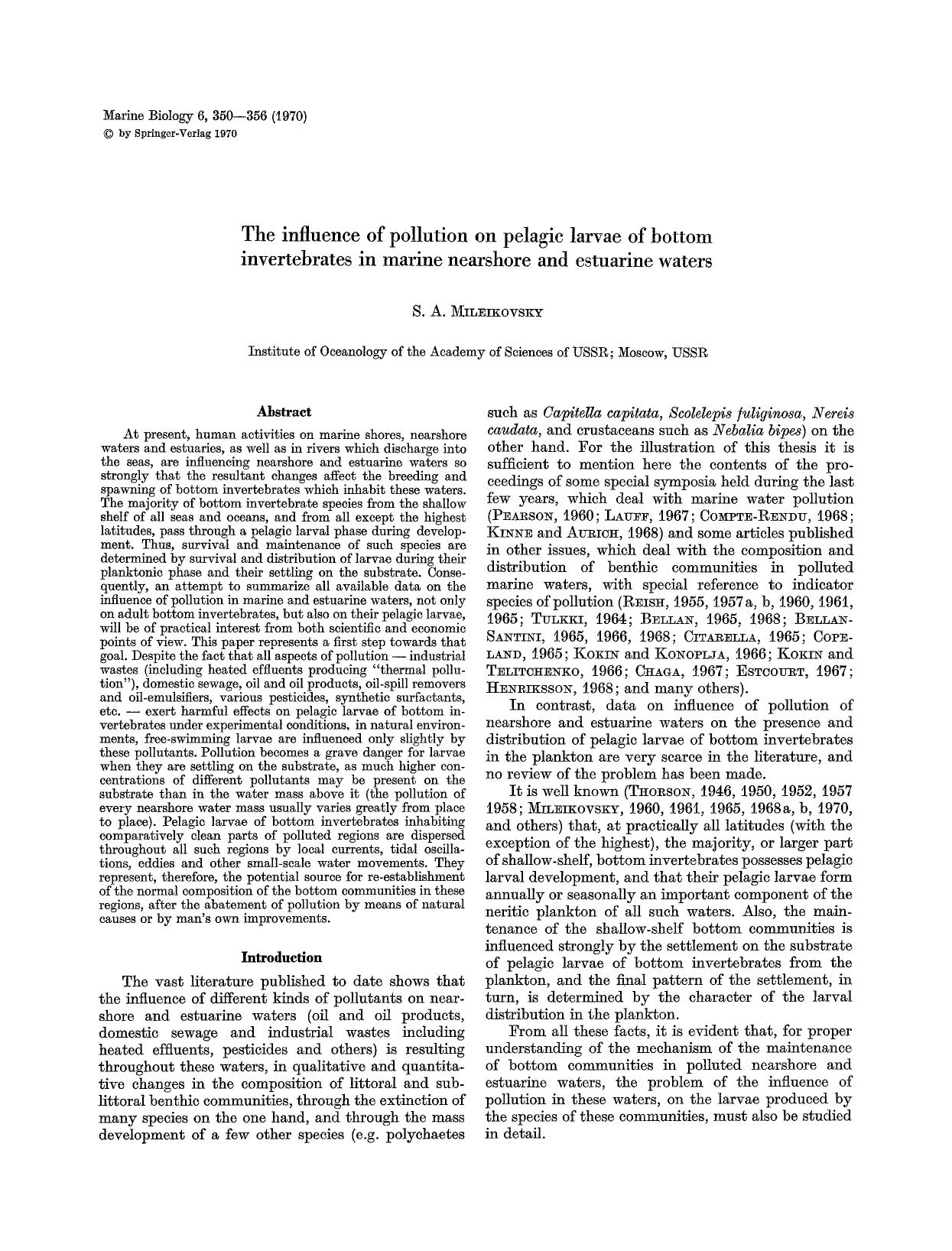 The influence of pollution on pelagic larvae of bottom invertebrates in marine nearshore and estuarine waters by Unknown