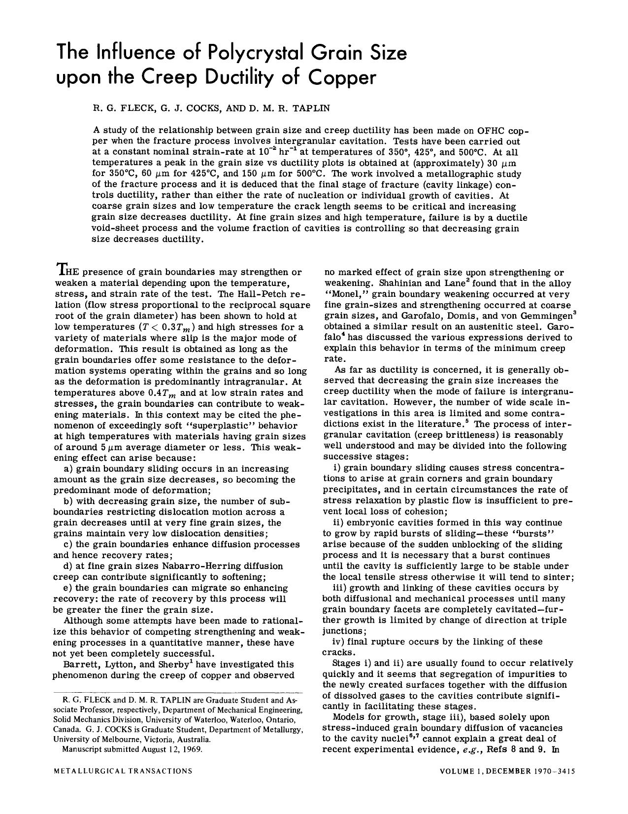 The influence of polycrystal grain size upon the creep ductility of copper by Unknown