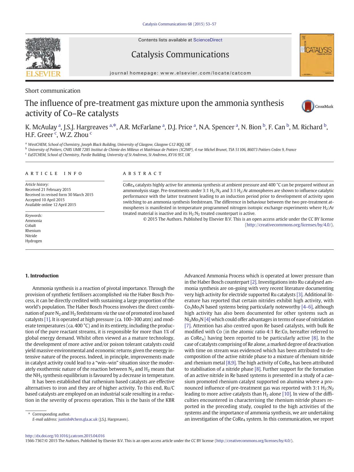 The influence of pre-treatment gas mixture upon the ammonia synthesis activity of CoâRe catalysts by unknow