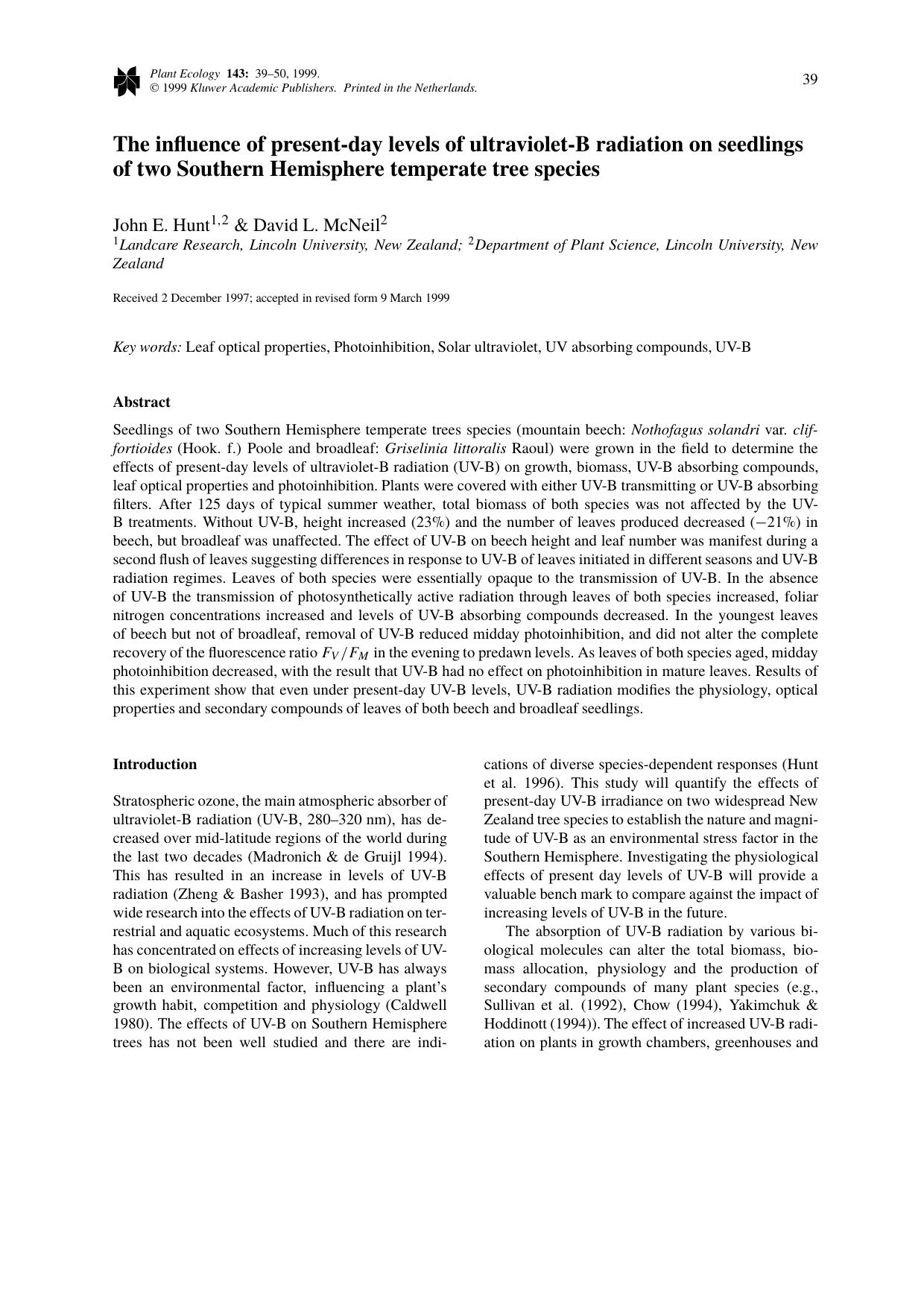 The influence of present-day levels of ultraviolet-B radiation on seedlings of two Southern Hemisphere temperate tree species by Unknown