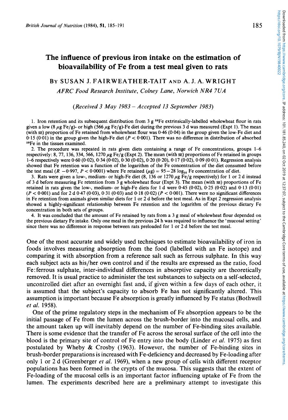 The influence of previous iron intake on the estimation of bioavailability of Fe from a test meal given to rats by Susan J. Fairweather-Tait A. J. A. Wright