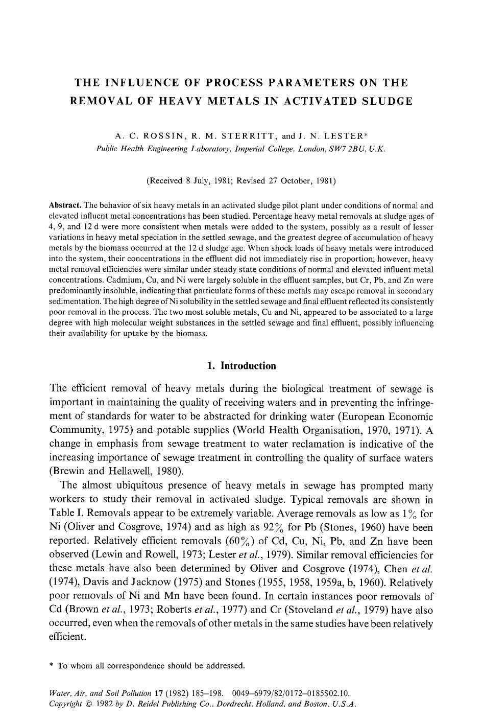 The influence of process parameters on the removal of heavy metals in activated sludge by Unknown