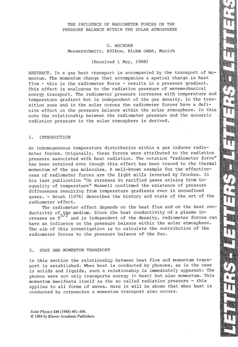 The influence of radiometer forces on the pressure balance within the solar atmosphere by Unknown
