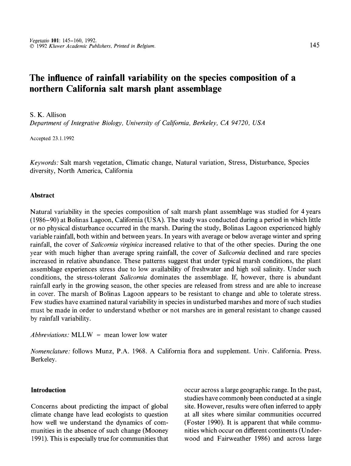 The influence of rainfall variability on the species composition of a northern California salt marsh plant assemblage by Unknown