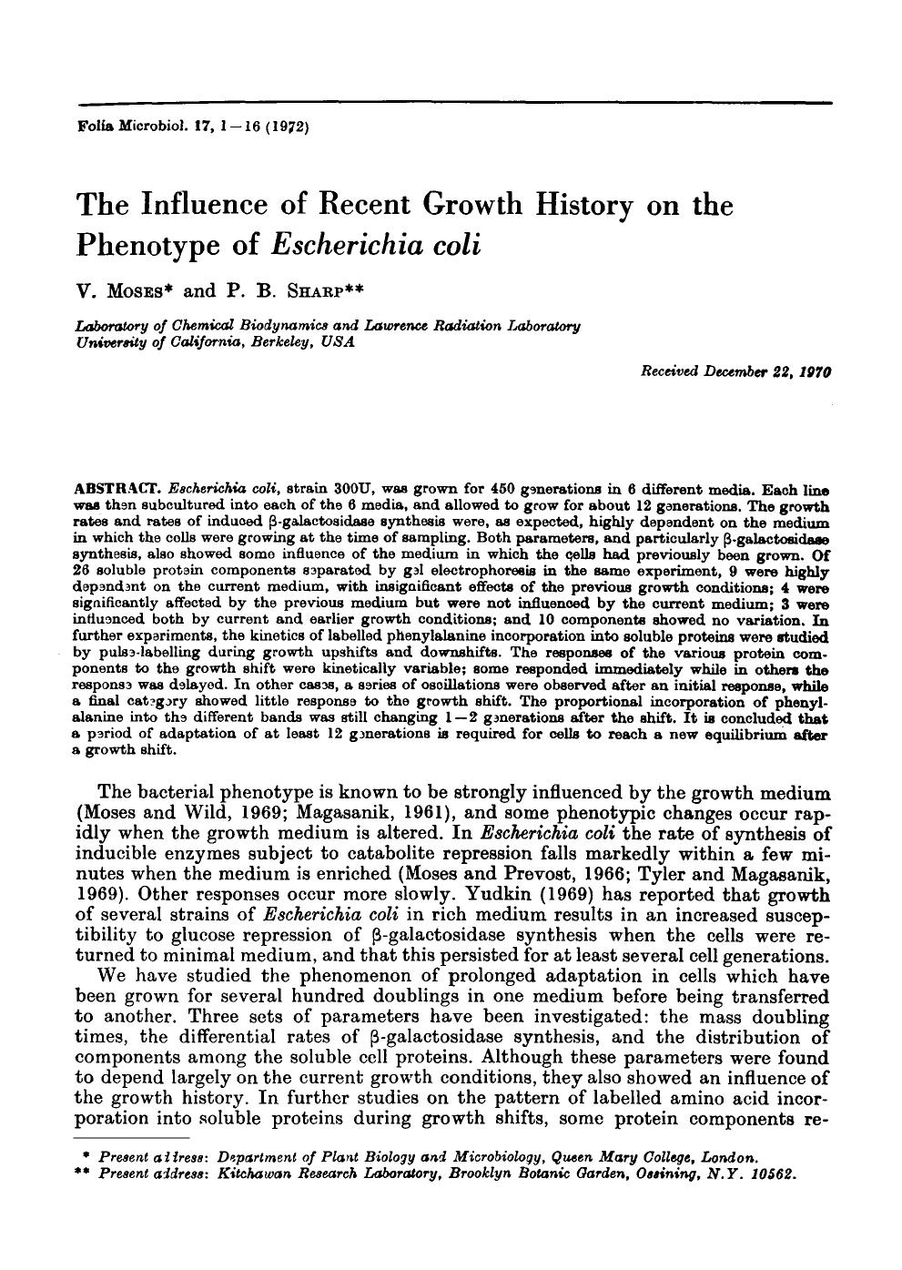 The influence of recent growth history on the phenotype of <Emphasis Type="Italic">Escherichia coli <Emphasis> by Unknown