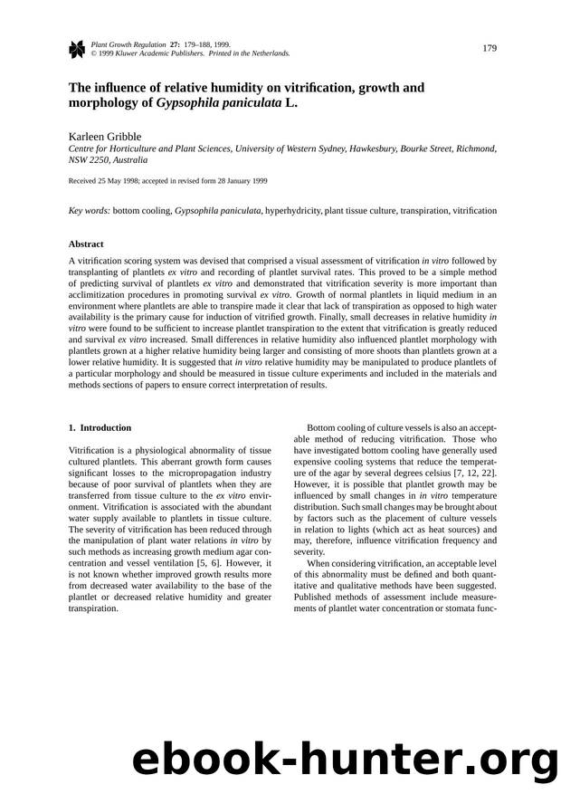 The influence of relative humidity on vitrification, growth and morphology of Gypsophila paniculata L. by Unknown