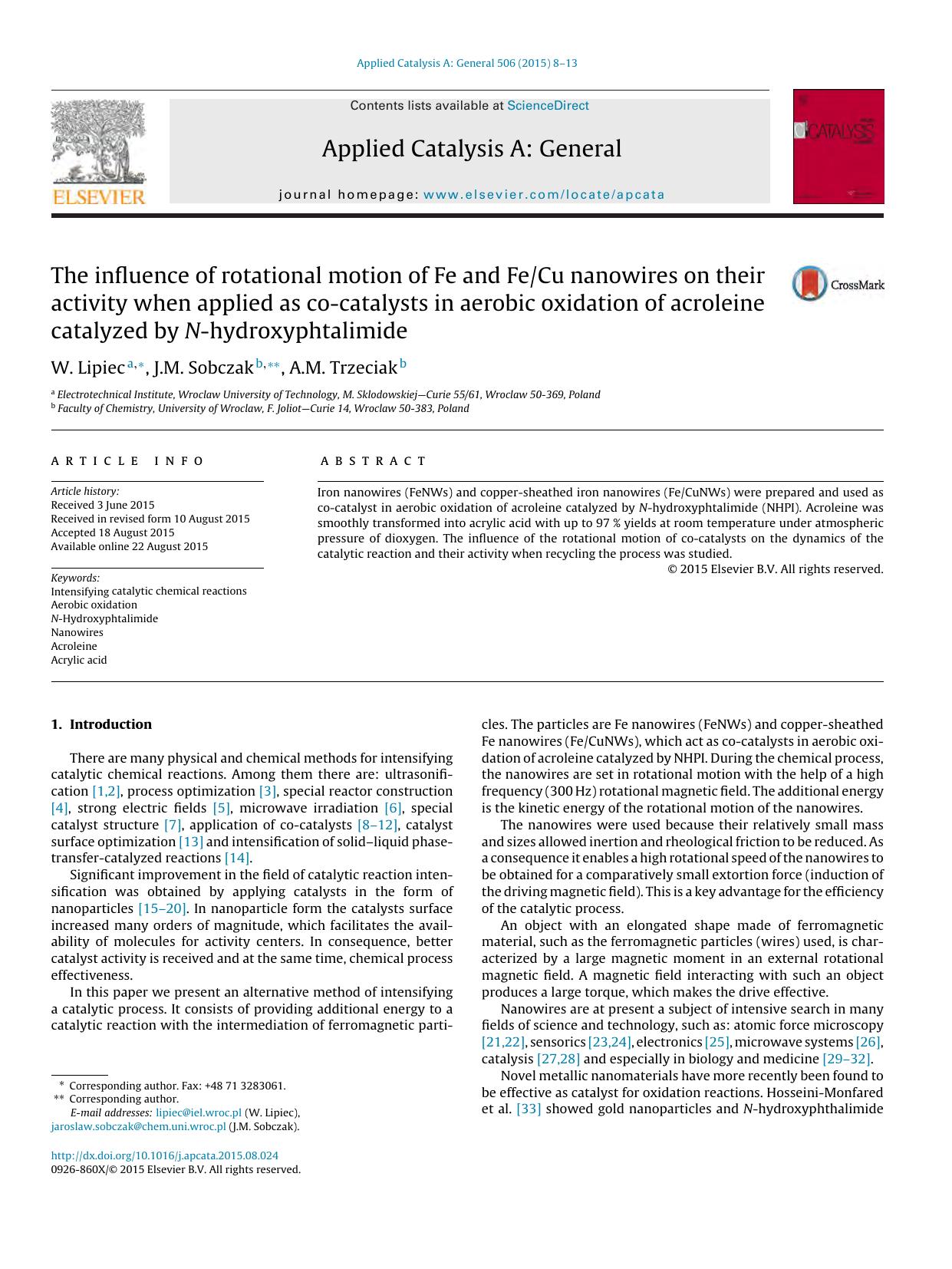 The influence of rotational motion of Fe and FeCu nanowires on their activity when applied as co-catalysts in aerobic oxidation of acroleine catalyzed by N-hydroxyphtalimide by W. Lipiec & J.M. Sobczak & A.M. Trzeciak