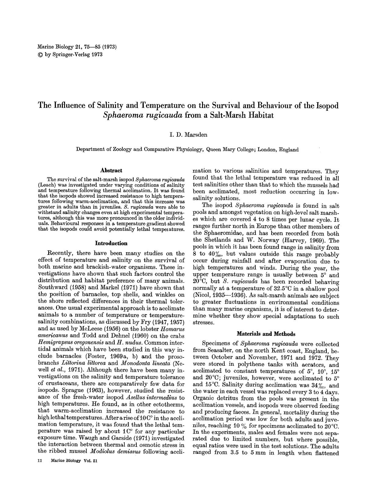 The influence of salinity and temperature on the survival and behaviour of the isopod <Emphasis Type="Italic">Sphaeroma rugicauda<Emphasis> from a salt-marsh habitat by Unknown