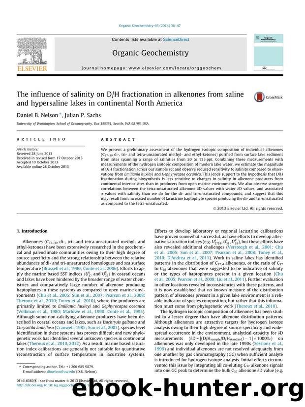 The influence of salinity on DH fractionation in alkenones from saline and hypersaline lakes in continental North America by Daniel B. Nelson & Julian P. Sachs