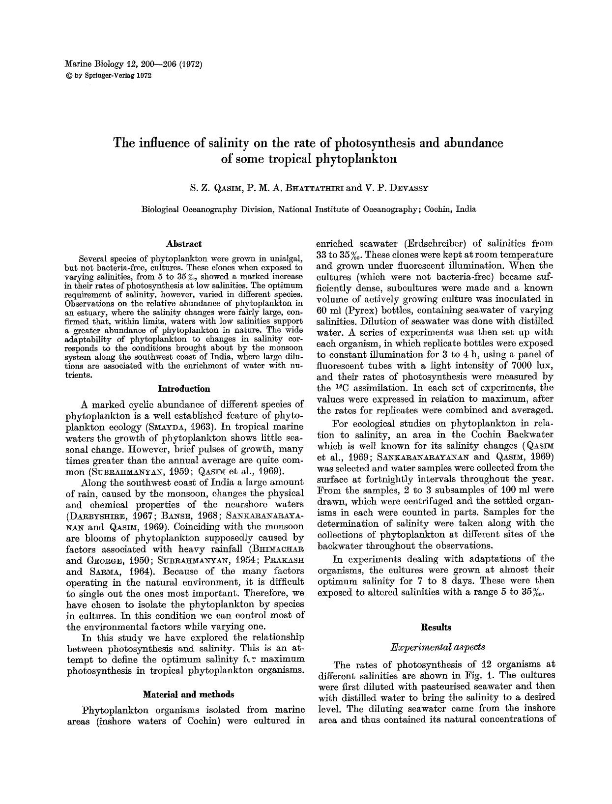 The influence of salinity on the rate of photosynthesis and abundance of some tropical phytoplankton by Unknown