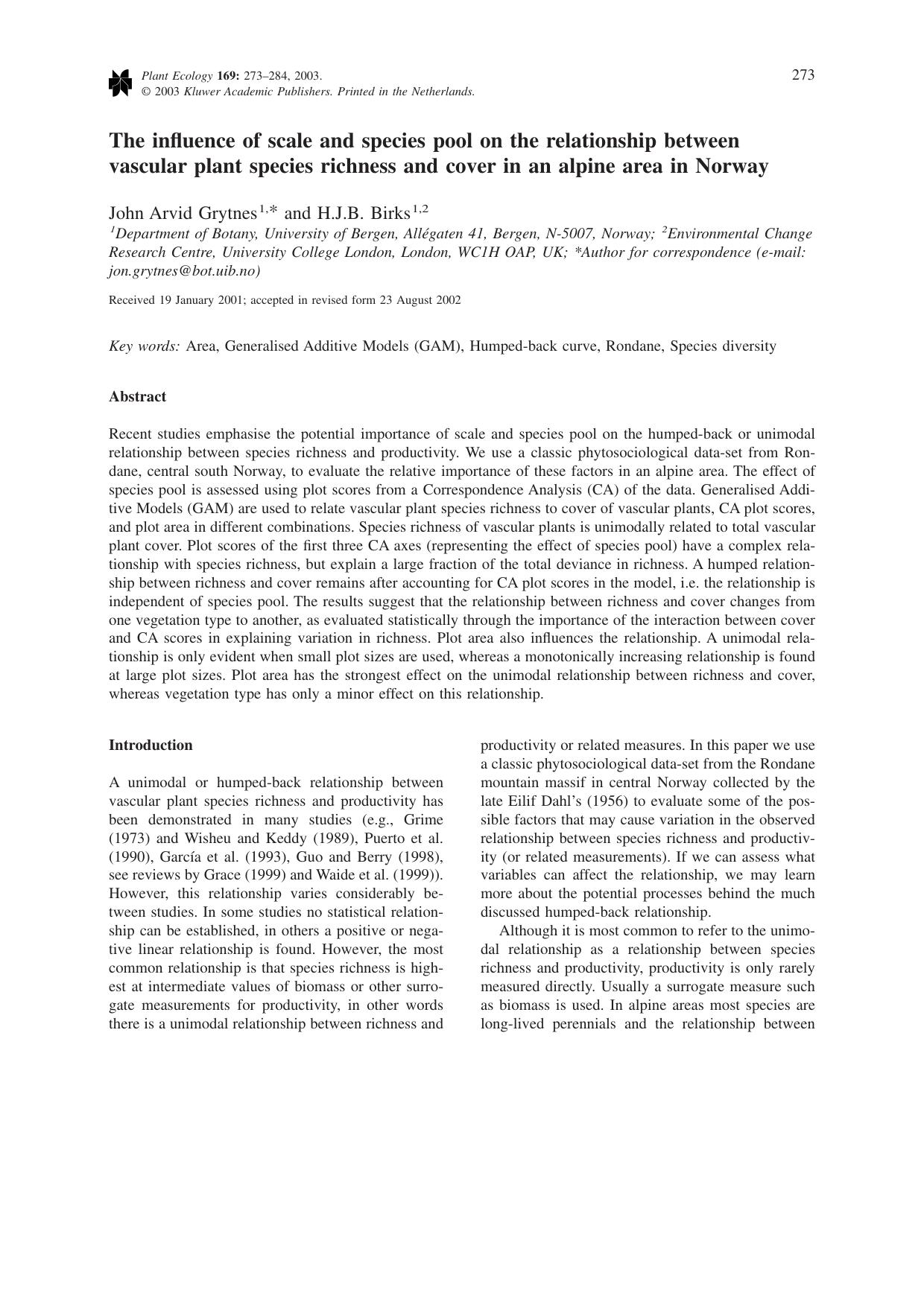 The influence of scale and species pool on the relationship between vascular plant species richness and cover in an alpine area in Norway by Unknown