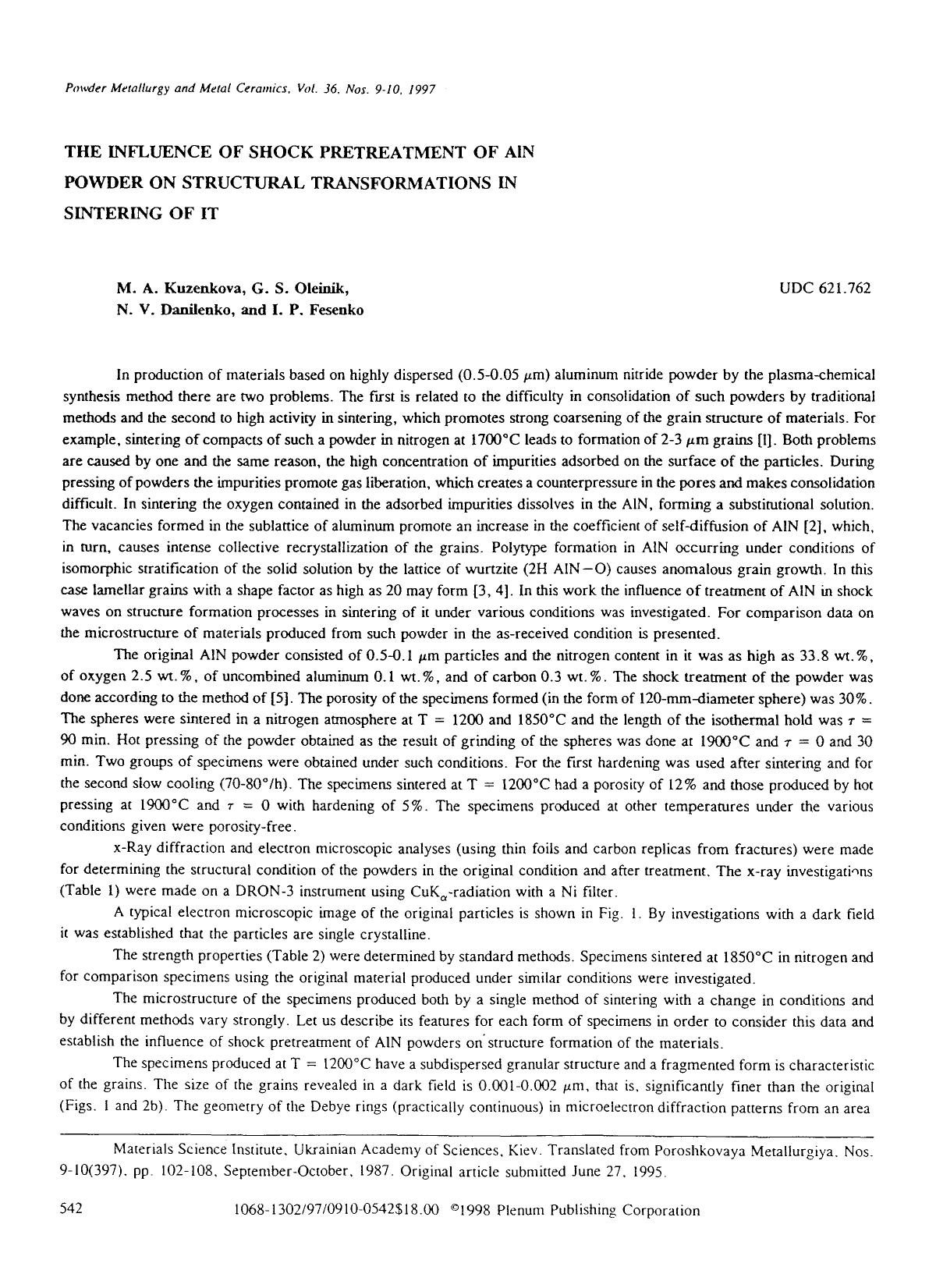 The influence of shock pretreatment of ain powder on structural transformations in sintering of it by Unknown