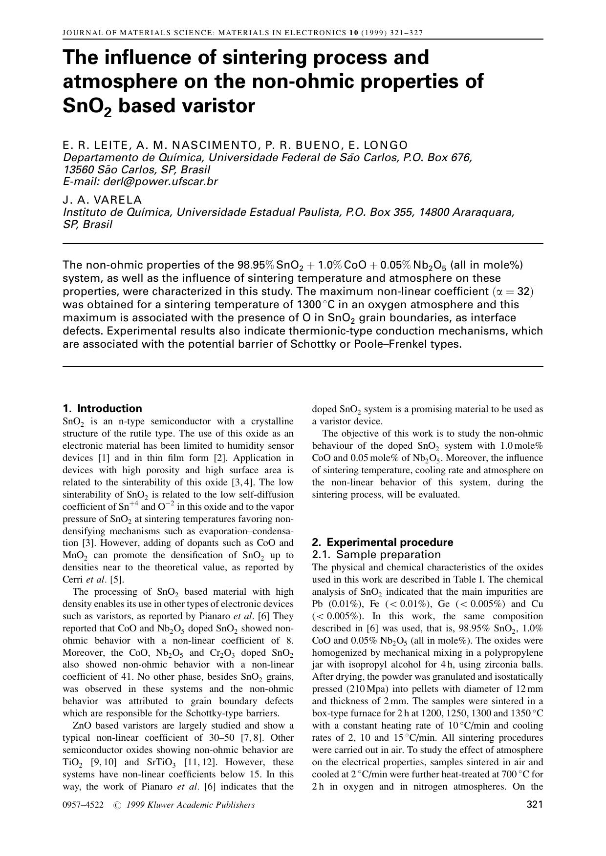 The influence of sintering process and atmosphere on the non-ohmic properties of SnO<Subscript>2<Subscript> based varistor by Unknown