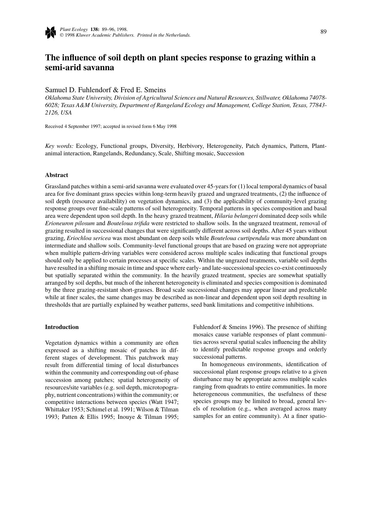 The influence of soil depth on plant species response to grazing within a semi-arid savanna by Unknown