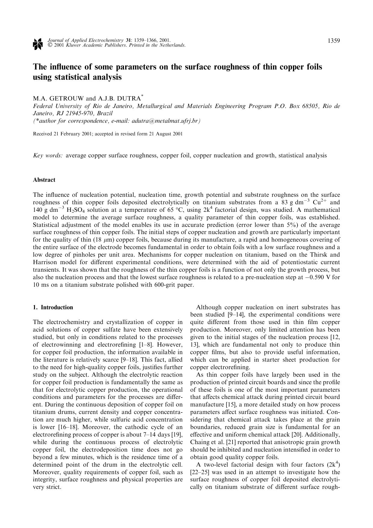 The influence of some parameters on the surface roughness of thin copper foils using statistical analysis by Unknown