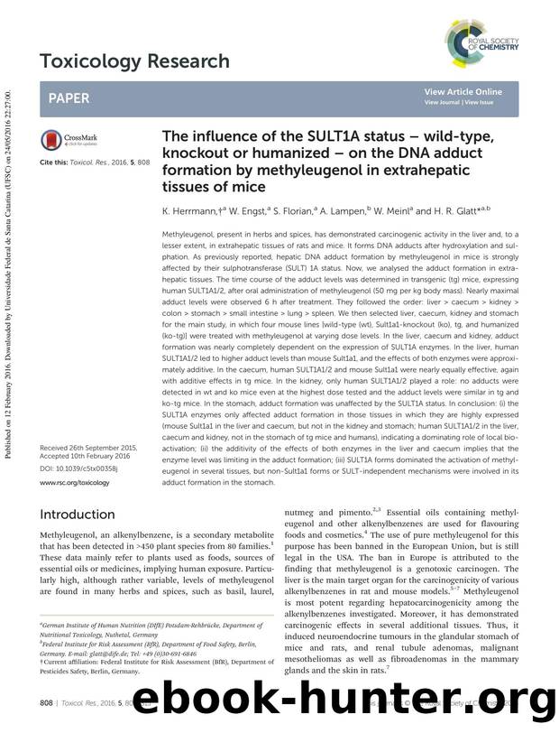 The influence of the SULT1A status â wild-type, knockout or humanized â on the DNA adduct formation by methyleugenol in extrahepatic tissues of mice by K. Herrmann W. Engst S. Florian A. Lampen W. Meinl H. R. Glatt
