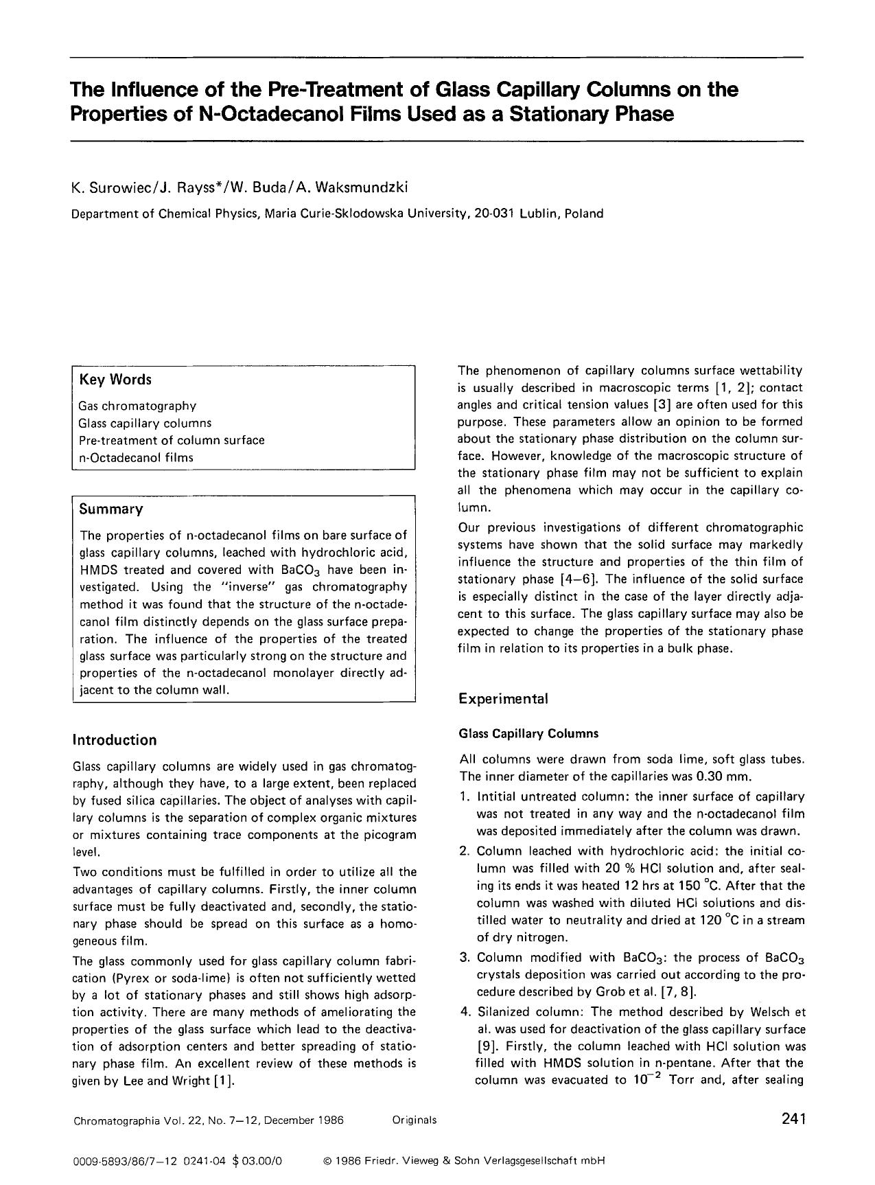The influence of the pre-treatment of glass capillary columns on the properties of N-octadecanol films used as a stationary phase by Unknown