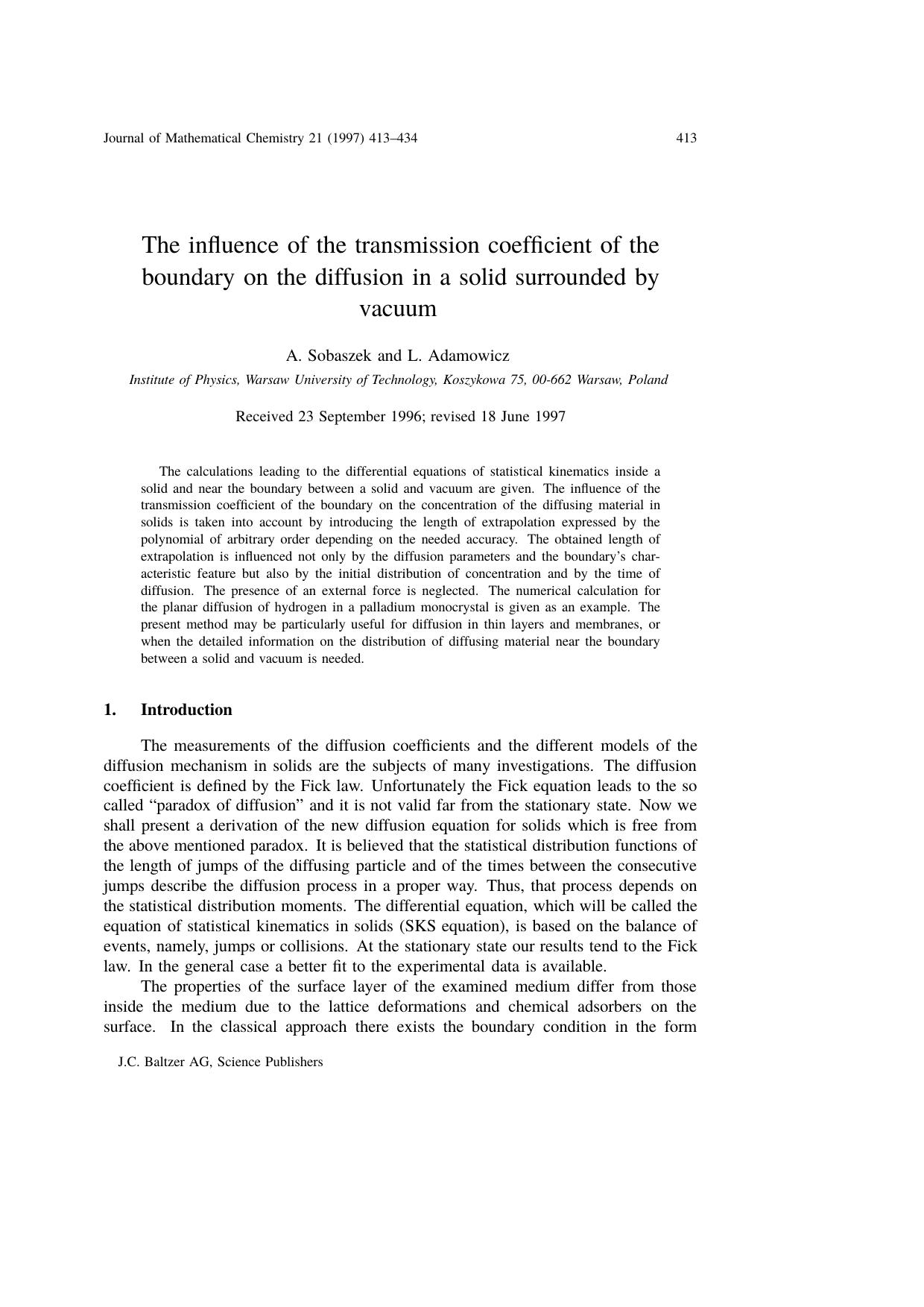 The influence of the transmission coefficient of the boundary on the diffusion in a solid surrounded by vacuum by Unknown