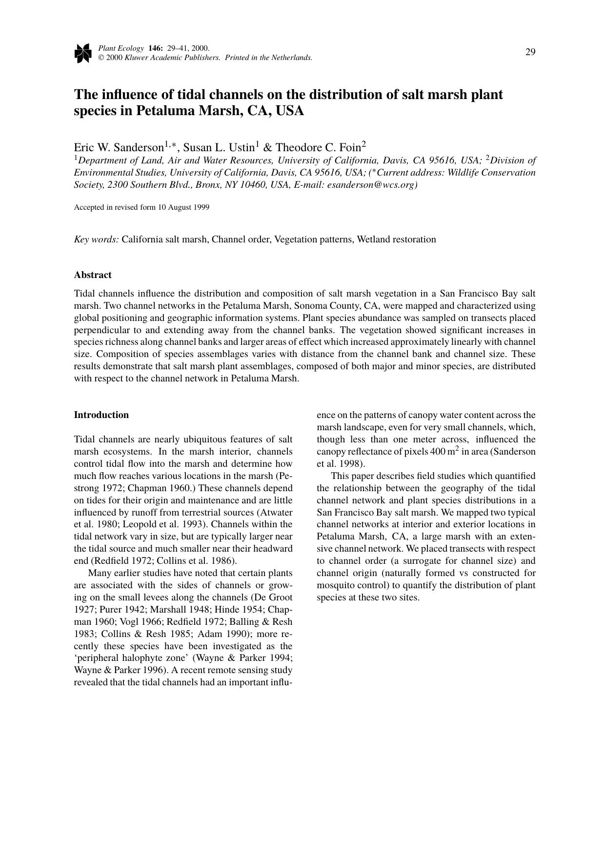 The influence of tidal channels on the distribution of salt marsh plant species in Petaluma Marsh, CA, USA by Unknown
