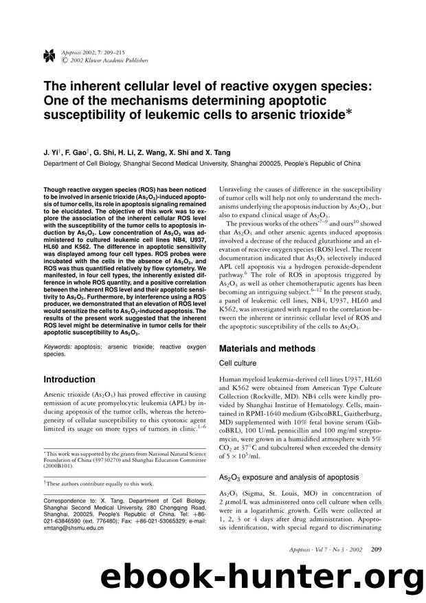 The inherent cellular level of reactive oxygen species: One of the mechanisms determining apoptotic susceptibility of leukemic cells to arsenic trioxide by Unknown