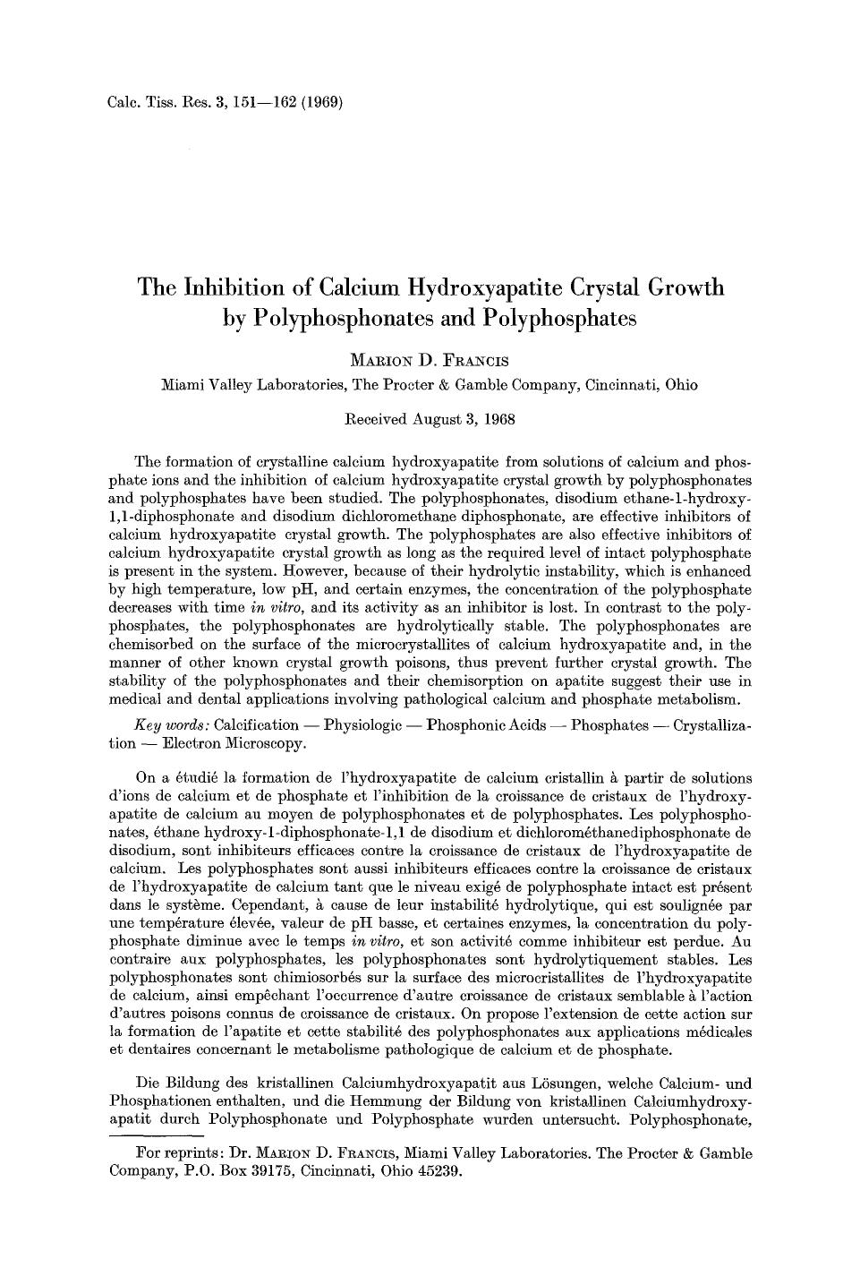 The inhibition of calcium hydroxyapatite crystal growth by polyphosphonates and polyphosphates by Unknown