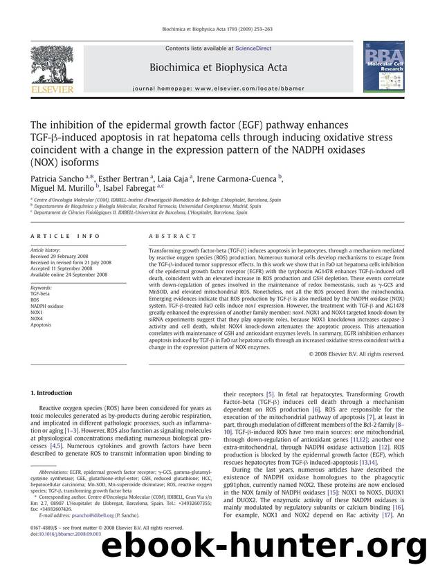 The inhibition of the epidermal growth factor (EGF) pathway enhances TGF-Î²-induced apoptosis in rat hepatoma cells through inducing oxidative stress coincident with a change in th by Patricia Sancho; Esther Bertran; Laia Caja; Irene Carmona-Cuenca; Miguel M. Murillo; Isabel Fabregat