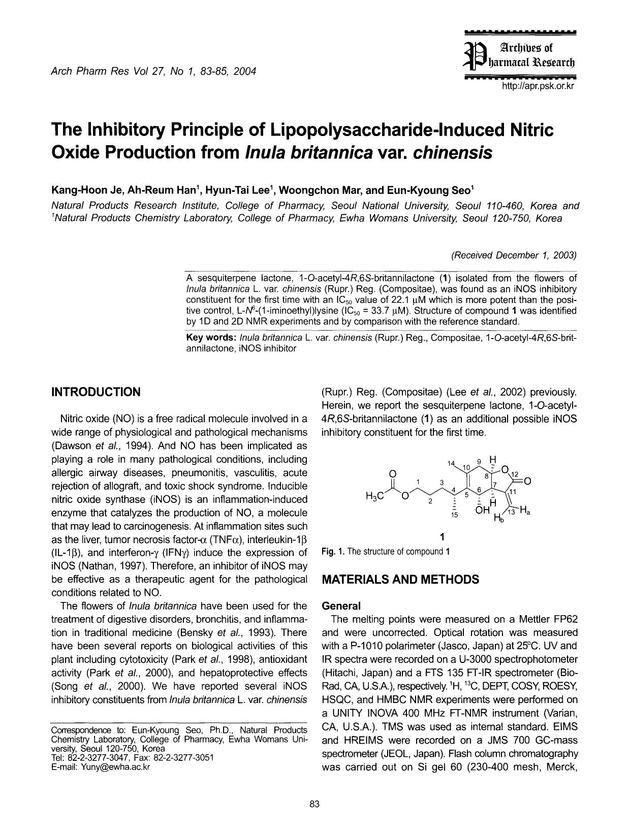 The inhibitory principle of lipopolysaccharide-induced nitric oxide production from <Emphasis Type="Italic">inula britannica <Emphasis> var. <Emphasis Type="Italic">chinensis <Emphasis> by Unknown