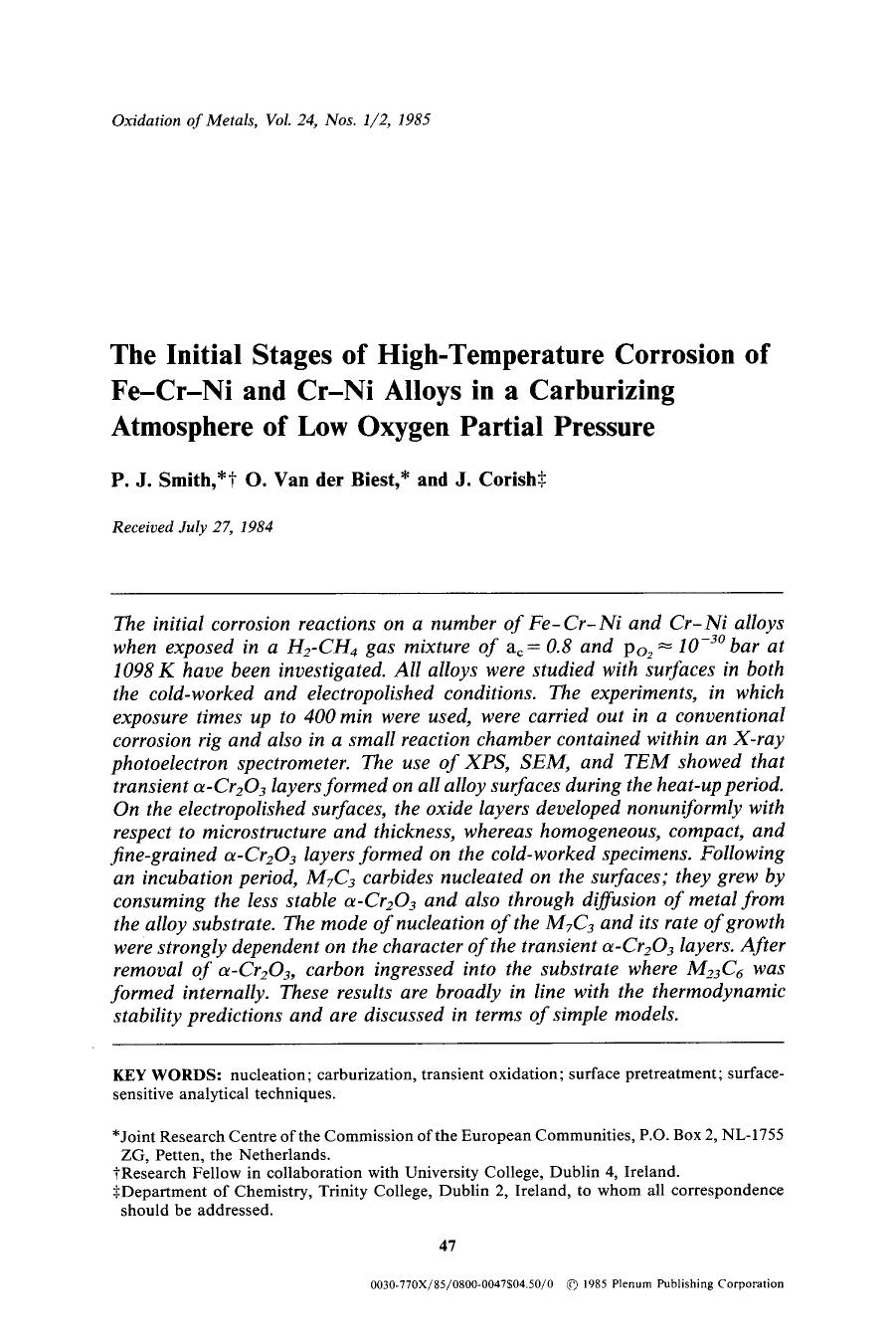 The initial stages of high-temperature corrosion of Fe-Cr-Ni and Cr-Ni alloys in a carburizing atmosphere of low oxygen partial pressure by Unknown