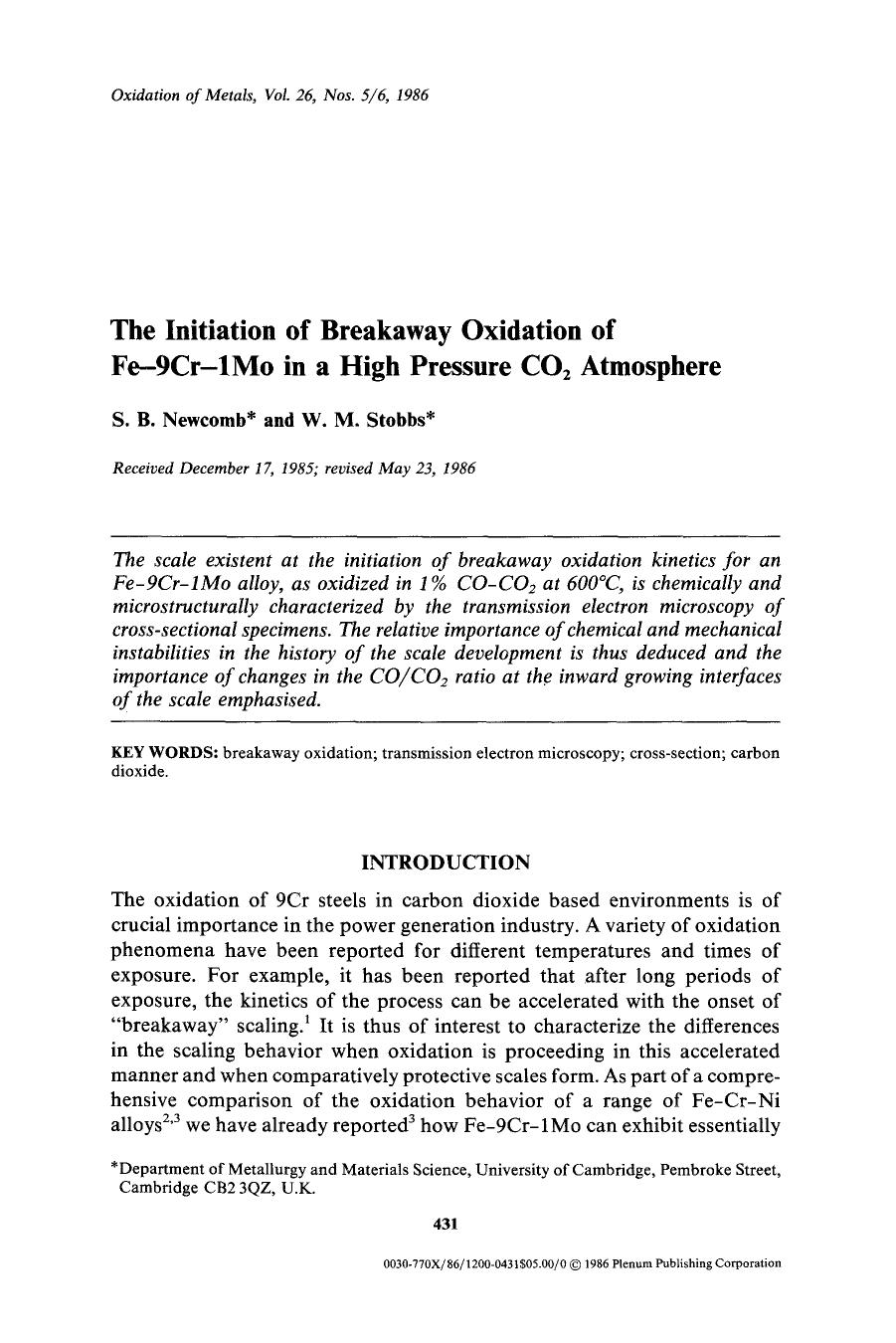 The initiation of breakaway oxidation of Fe-9Cr-1Mo in a high pressure CO <Subscript>2 <Subscript> atmosphere by Unknown