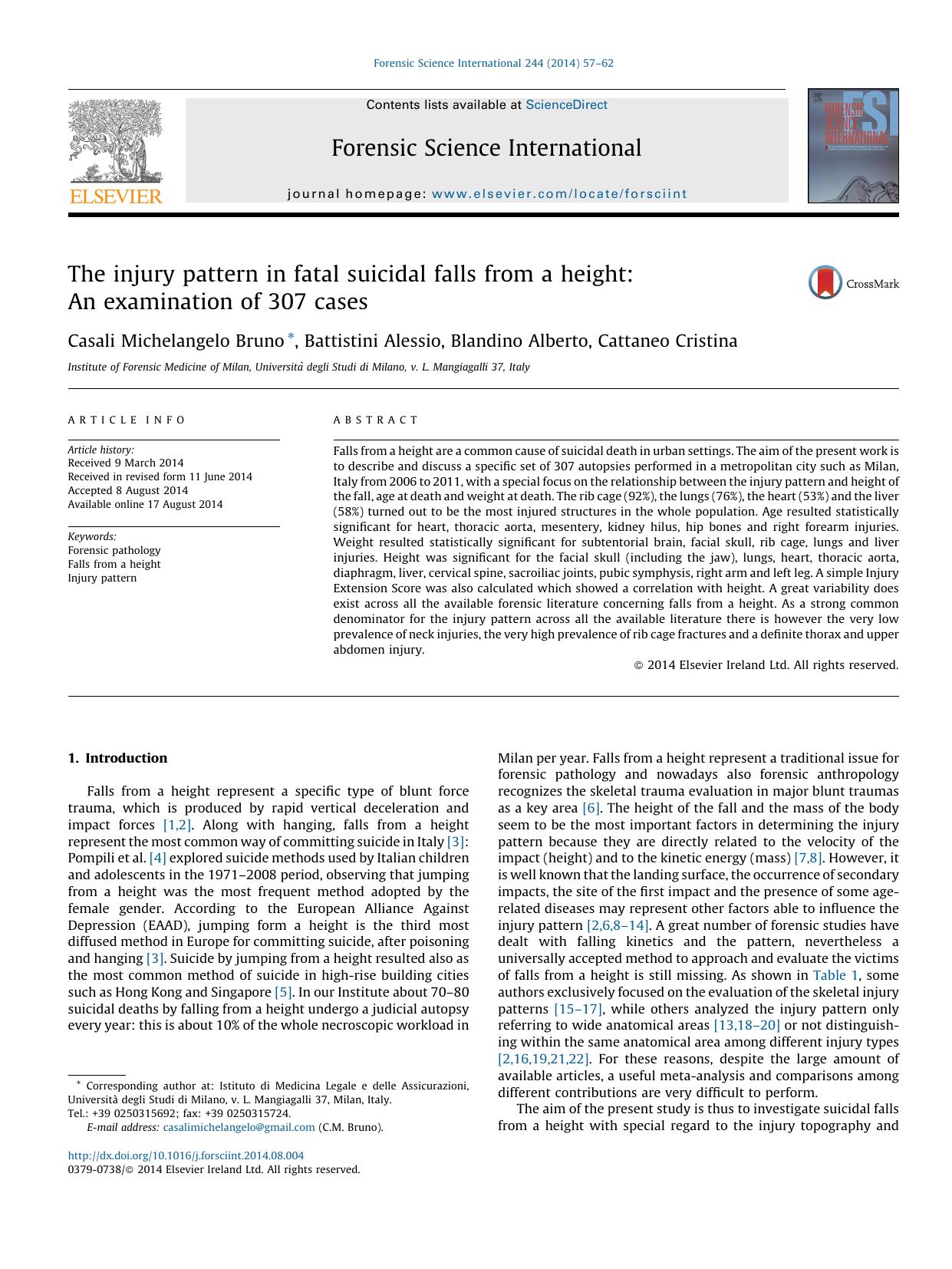 The injury pattern in fatal suicidal falls from a height: An examination of 307 cases by Casali Michelangelo Bruno & Battistini Alessio & Blandino Alberto & Cattaneo Cristina