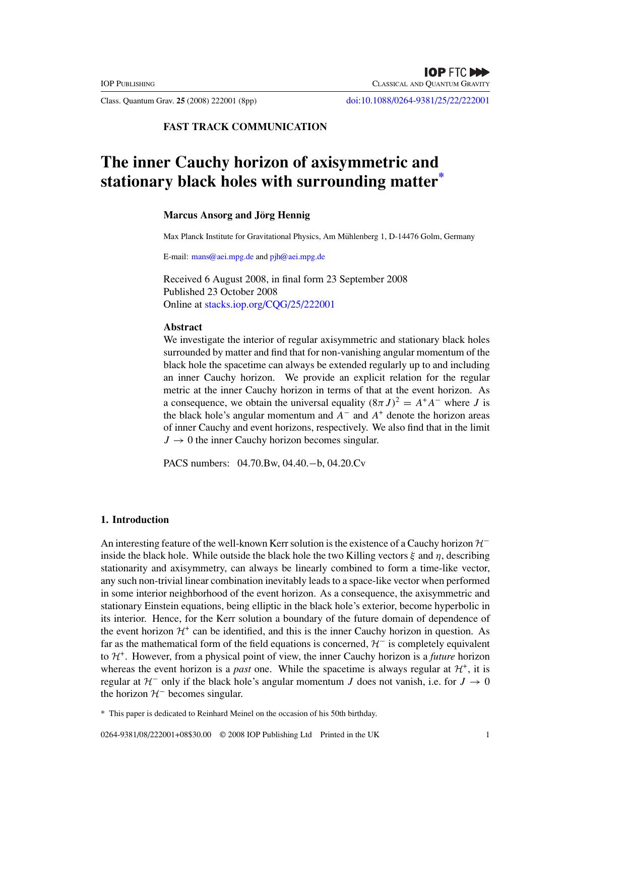 The inner Cauchy horizon of axisymmetric and stationary black holes with surrounding matter by M Ansorg and J Hennig