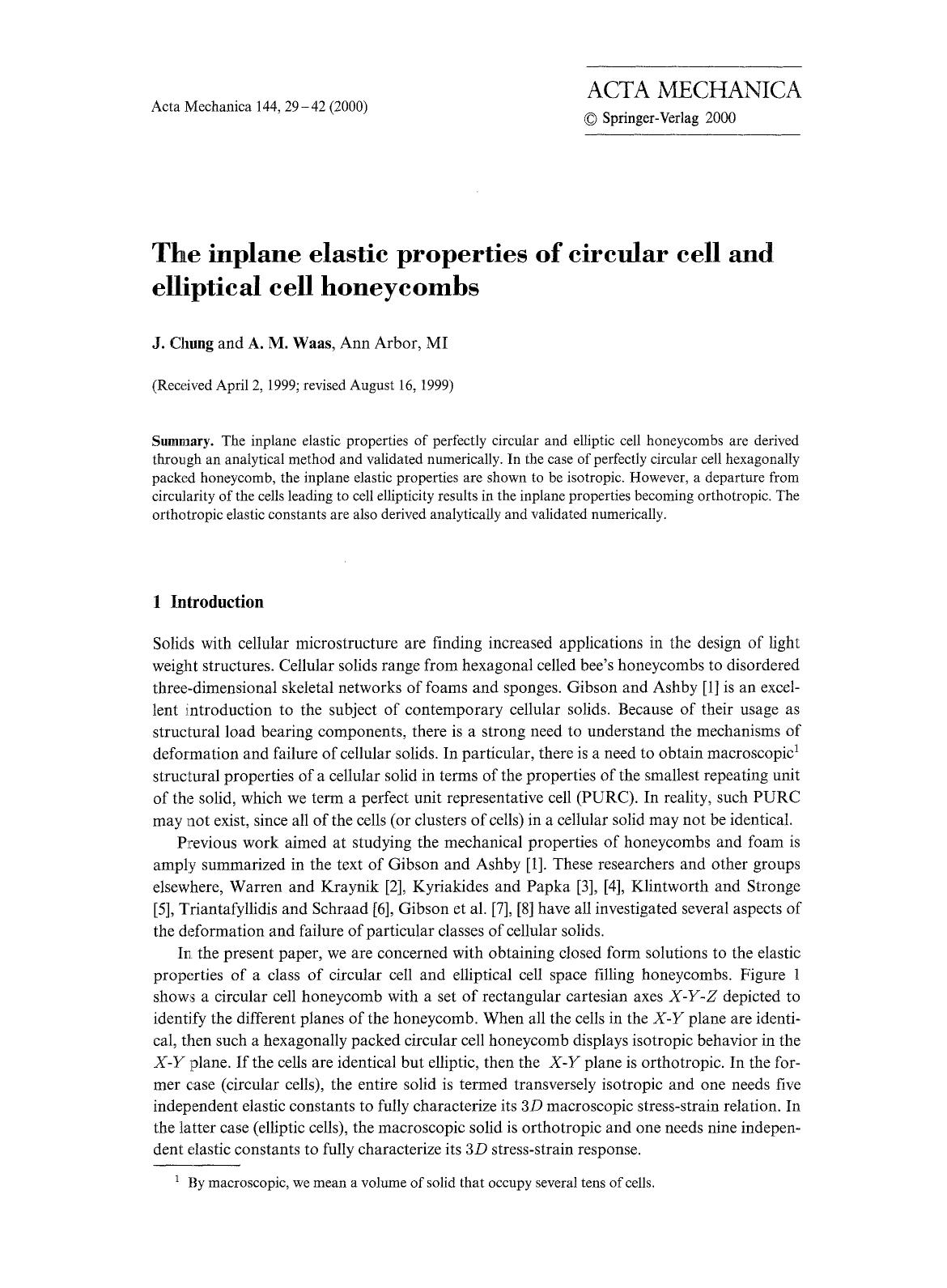 The inplane elastic properties of circular cell and elliptical cell honeycombs by Unknown