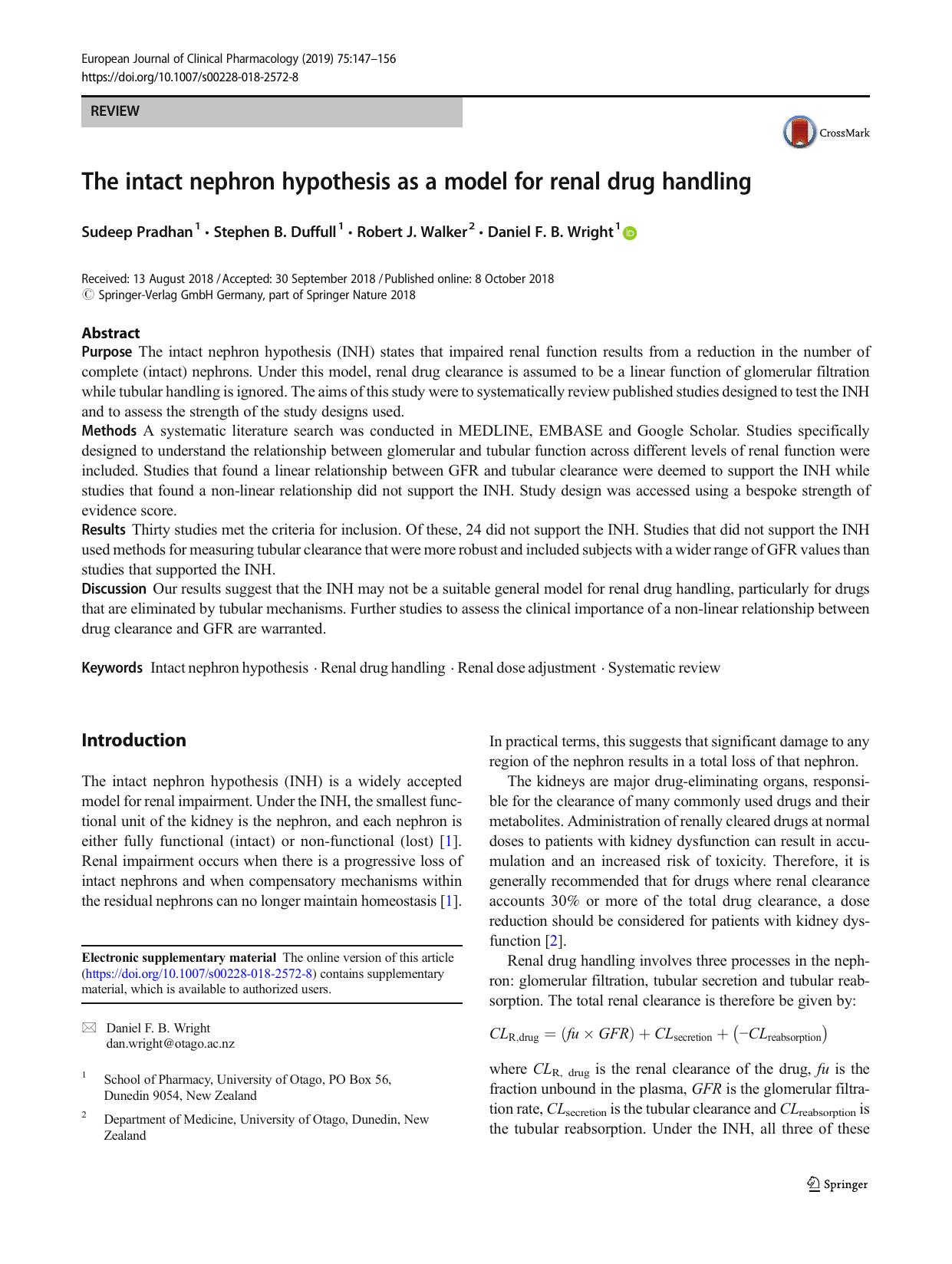 The intact nephron hypothesis as a model for renal drug handling by Sudeep Pradhan & Stephen B. Duffull & Robert J. Walker & Daniel F. B. Wright